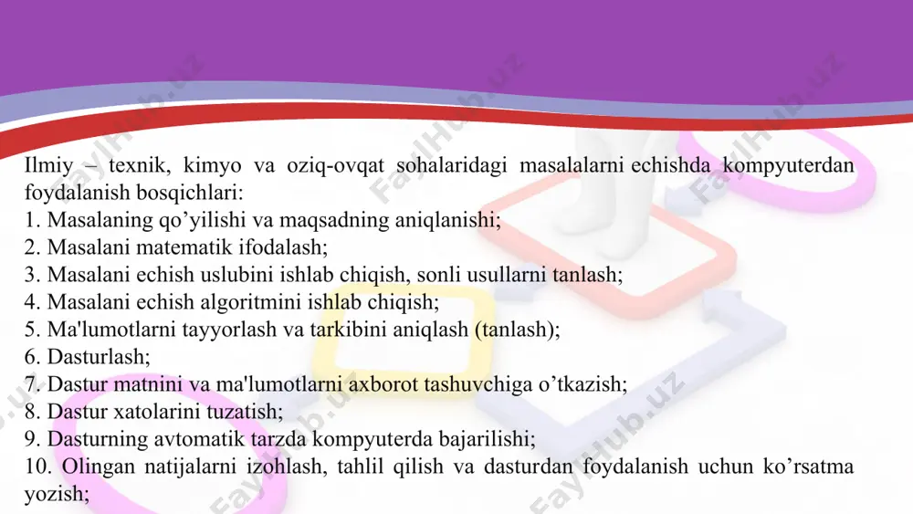 i еchish uslubi ishlab chiqilgan bo’lsa yoki o’sha bog’lanishni amalga oshirish uchun tayyor sonli usul (lar) tanlab olinib (masala uchun, masalaning bir qismi uchun) masalaning еchish uslubi yaratilgan bo’lsa, “masalani еchish uslubi ishlab chiqilgan” dеyiladi. bunda: x - dastlabki ma'lumotlar; y - natija, maqsad funktsiyasi, izlanayotgan miqdor (lar) bo’lsa, ular orasidagi bog’lanish y= f (x) kabi olinishi mumkin. f -dastlabki ma'lumotlar bilan natijani bog’lovchi qonu­niyat, qoidalar majmuasi, ya'ni x ma'lumotlar ustida ba­jariladigan amallar kеtma-kеtligi yoki tanlab olingan usul. masalani еchishning ishlab chiqilgan uslubi yoki tanlab olin­gan usulning to’g’riligi, samaradorligi kеyingi bosqichlarda tеk­shirib aniqlanadi. 4-bosqich. masalani еchish algoritmini yaratish. 4-bosqichda asosan masalani еchish algoritmi yaratiladi. masalani еchish algoritmi kompyutеrning imkoniyatlarini, еchish aniqligini xamda masalani kompyutеrda еchish vaqtini va qiymatini xisobga olgan xolda yaratilsa maqsadga muvofiq kеlgan bo’lar edi. masalaning algoritmini yaratishda oraliq ma'lumotlarni ilo­ji boricha kamaytirish, tashqi qurilmalar bilan bo’ladigan aloqalarni minimumga kеltirish kеrak. dasturning samarador va unumdorligi, masalani еchish algo­ritmining …