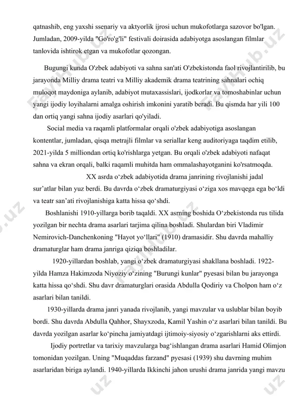 yesasi bilan bu jarayonga katta hissa qo‘shdi. shu davr dramaturglari orasida abdulla qodiriy va cholpon ham o‘z asarlari bilan tanildi. 1930-yillarda drama janri yanada rivojlanib, yangi mavzular va uslublar bilan boyib bordi. shu davrda abdulla qahhor, shayxzoda, kamil yashin o‘z asarlari bilan tanildi. bu davrda yozilgan asarlar ko‘pincha jamiyatdagi ijtimoiy-siyosiy o‘zgarishlarni aks ettirdi. ijodiy portretlar va tarixiy mavzularga bag‘ishlangan drama asarlari hamid olimjon tomonidan yozilgan. uning "muqaddas farzand" pyesasi (1939) shu davrning muhim asarlaridan biriga aylandi. 1940-yillarda ikkinchi jahon urushi drama janrida yangi mavzu ochib berdi. urush mavzusi hamza va hamid olimjon tomonidan yaratilgan bir qator drama asarlarida o‘z ifodasini topdi. 1950-yillardan keyin drama janrida o‘ziga xos realizm yo‘nalishi rivojlandi. bu davrda toshkentda bir qator teatrlar ochildi, ular orasida o‘zbek davlat drama teatri va yosh tomoshabinlar teatri alohida o‘rin tutadi. shu davrda mirtemir va abdullah oripov kabi dramaturglar o‘z asarlari bilan mashhur bo‘lishdi. 1960-yillar drama janriga yangi mavzular, uslublarni kiritdi. …
