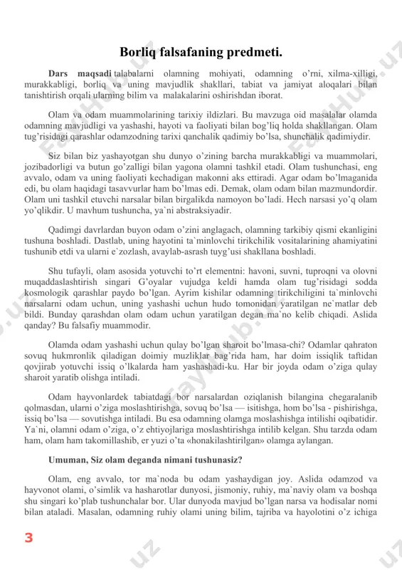 ri ichki birligini ifoda etuvchi va ular orqali namoyon bo’luvchi mohiyatdir. olamning asosida bitta mohiyat — substansiya yotadi, deb hisoblovchi ta`limotni monizm deb atashadi. faylasuflar substansiya sifatida biror jismni, hodisani, materiyani, g’oyani yoki ruhni olishgan. substansiya sifatida moddiy jismlarni, materiyani oluvchilar — materialistik monizm tarafdorlari. g’oyani, ruhni oluvchilar esa – idealistik monizm tarafdorlari hisoblanadilar. shuningdek, olamning asosida ham moddiy jism yoki materiya, ham g’oya yoki ruh yotadi deb hisoblovchi faylasuflar dualistlar (dualizm lotincha, dualis — ikkilangan degan tushunchani anglatadi) deb hisoblanadi. arastu, moniy, r. dekart va boshqalar dualistlardir. olamning asosida ko’p substansiyalar yotadi deb hisoblovchilarni esa plyuralizm (lotincha pluralis — ko’pchilik so’zidan olingan) tarafdorlari deb atashadi. olamning asosida yotuvchi mohiyatni ahtarish tarixi ham fanning uzoq o’tmishiga borib taqaladi. masalan, qadimgi hindiston va hitoyda, misr va bobilda, qadimgi o’rta osiyo va yunonistonda ba`zi faylasuflar olamning asosida qandaydir modda yoki muayyan unsur yotadi, deb hisoblashgan. ularning ba`zilari bu unsurni olov, boshqalari suv …