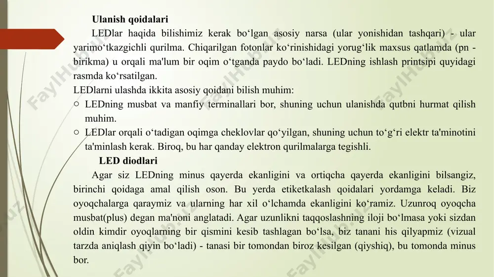 o‘z ichiga olgan butun sonli o‘zgaruvchining e'lon qilinishi void setup() // majburiy o‘rnatish tartibi, dastur boshida ishlaydi; protsedura void so‘zidan boshlanadi { pinmode(led, output); // ishlatilgan portning kiritilishi - bu port raqami, ikkinchi dalil - portdan foydalanish turi - kirishga (kirish) yoki chiqishga (output). } void loop() // loop majburiy protsedura, setup ishga tushirish protsedurasi { digitalwrite (led, yuqori); // bu buyruq raqamli portdagi kuchlanishni yoqish yoki o‘chirish uchun ishlatiladi; led - port raqami, ikkinchi dalil - yoqish (yuqori) yoki o‘chirish (low) delay(1000); // bu buyruq amallar o‘rtasida kutish uchun ishlatiladi, argument millisekundlarda kutish vaqti digitalwrite(led, low); delay(1000); } bir nechta ledlarni ulash bir nechta ledni arduinoga ulash uchun siz ularning har birini xuddi shu tarzda o‘z raqamli portiga ulashingiz kerak. masalan, "blinker" loyihasini yaratish uchun siz musbat (uzun oyoqli) kontaktlarini 13 va 12 -pinlarga qarshilik orqali ulash orqali ikkita qizil va ko‘k ledni olishingiz mumkin. qisqa oyoqlar minus - …