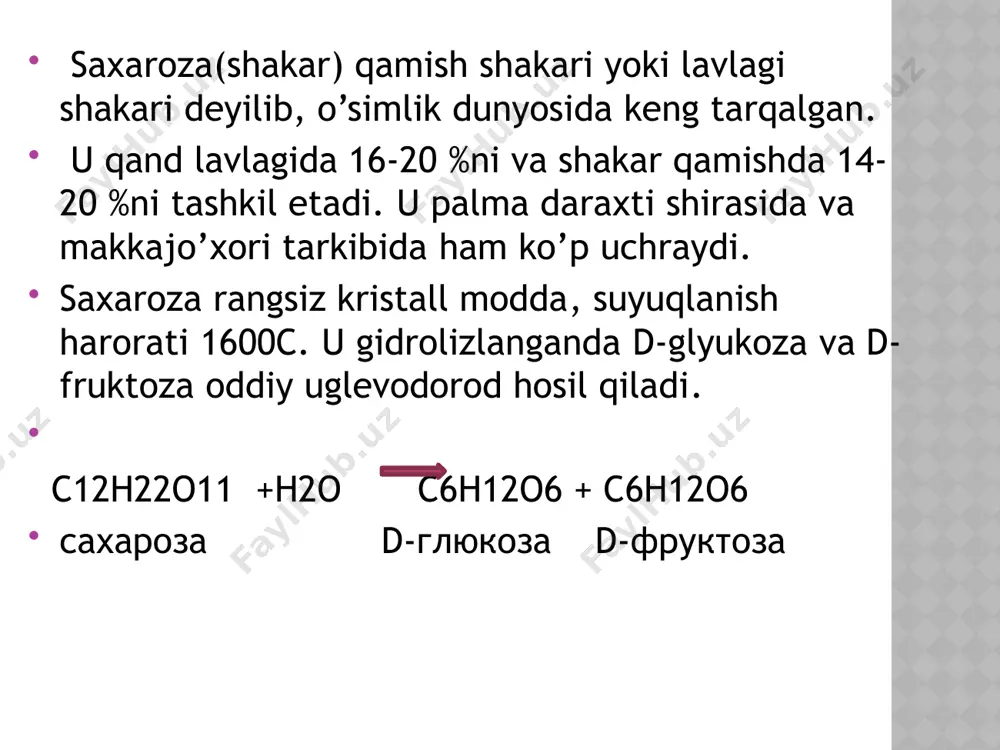 iladi. quyida pnevmokokkning polisaxaridi gidrolizi natijasida olingan oligosaxaridni formulasi keltirilgan. polisaxaridlarga kraxmal, glikogen hamda sellyulozalar kiradi. bu birikmalar molekulasida maltoza tipidagi glyukoza qoldig’i bo’ladi. kraxmal bug’doy, kartoshka, donli o’simliklar tarkibida bo’ladi. ayrim vakillarining tuzilishi va xossalari. sellyuloza o’simlik xujayra qobig’ining tarkibiga kirib, erkin xolda uchramaydi. toza sellyuloza paxta tolasining 80-95% ini tashkil qiladi. sellyuloza suvda, efirda, spirtlarda erimaydi, unga suyultirilgan kislota va ishqorlar ta'sir etmaydi. sellyuloza faqat shveysar reaktivida, rux xloridning xlorid kislotasidagi eritmasida, konsentr-langan sulfat kislotasida eriydi. polisaxaridlar hayvon va o’simlik dunyosida keng tarqalgan, ular rezerv to’yimli moddalar kraxmal, glikogen, innulin hamda qurilish materiali sellyulozadir. ular oralig’ida mannanlar va galaktanlar kiradi. bu moddalar suvda yaxshi eriydiganlar innulin, glikogen, deyarli erimaydigan sellyulozadir. ayrimlari kraxmal, innulin kristall zarrachalar shaklida ajratilgan. mineral kislotalar ta’sirida qand xossalariga ega bo’lmaganlari monozalarga parchalanadi. ko’pincha to’la gidrolizdan keyin d-glyukoza olinadi; kraxmal glikogen, sellyuloza to’la kislotali gidrolizlanganda uzum shakari hosil qilinadi. boshqa murakkab uglevodlardan mana shu sharoitda …
