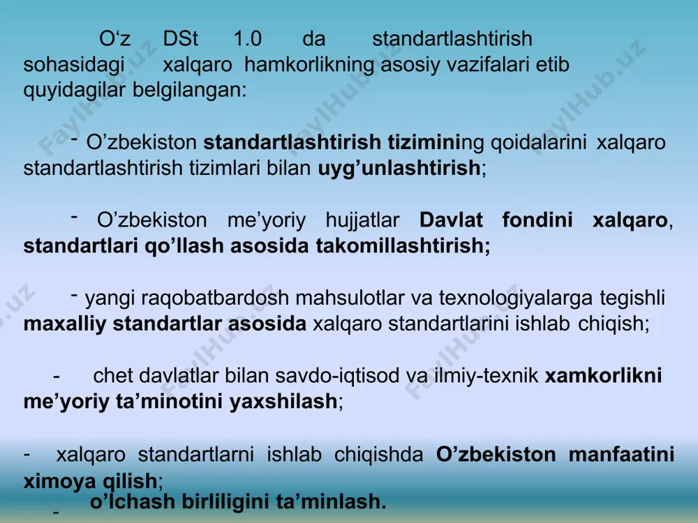 iso 29001 neft, gaz iso 13485 tibbiy. xizmatlar iso 22301 ijtimoiy xavfsizlik 7 integratsiyalashgan boshqaruv tizimlarini sertifikatlash organi 7 iso nizomida “tashkilotning maqsadi, dunyo miqyosida xalqaro tovarayirboshlashni va o’zaro yordamni rivojlantirishga yordam ko’rsatish hamda intellektual, ilmiy, texnik va iqtisodiy faoliyat sohalarida hamkorlikni kengaytirish” ekanligi ko’rsatilgan. isoninag asosiy vazifasi texnik qumitalarda xalqaro standartlarni, rahbariy xujjatlar, qoidalarni ishlab chiqish. bular a’zo davlatlar uchun ixtiyoriy xujjat hisoblanadi. o’zbekiston davlat standarti o‘z dst iso/iec 21 da xalqaro standartlar (xususan, iso standartlari)ni o’zbekistonda milliy standart sifatida qo’llash tartibi belgilangan. 8 “o’zstandart” agentligi o’zbekiston respublikasining standartlashtirish sohasida milliy idorasi sifatida 1994 yildan boshlab isoning haqiqiy a’zosi hisoblanadi. “o’zstandart” agentligi isoning barcha tadbirlarda qatnashish, ishlab chiqarilayotgan standartlar va qabul qilinayotgan turli xujjatlar (dasturlar, rejalar va x.z.) bo’yicha ovoz berish, isoning barcha organlariga saylash va saylanish huquqiga egadir. “o’zstandart” agentligi isoning 6-ta tqsiga a’zo bo’lishga erishdi. 9 nufuzli 2010 va 2012 yilda “o’zstandart” agentligi vakili isoning eng qumitasi …