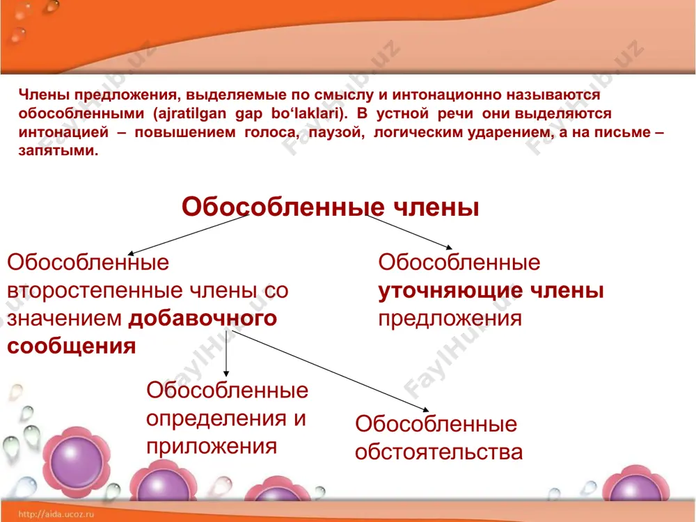 словые признаки: вносят в предложение дополнительное значение и по своей смысловой роли в предложении приближаются к сказуемому, к придаточному предложению; грамматические признаки: являются только второстепенными членами; интонационные признаки: произносятся с особой выделительной интонацией; пунктуационные признаки: на письме выделяются запятыми упражнение 1. прочитайте, найдите предложения с обособленными определениями количество туристов, посещающих узбекистан, составляет более миллиона человек в год. они интересуются традициями и культурой узбекского народа. согласно данным интернет- опроса, туристов особенно привлекают старинные города узбекистана, где старинные дворцы, мечети, минареты и крепости, поражающие своим величественным видом, позволяют заглянуть в далёкое прошлое. туристов восхищают изделия декоративно-прикладного искусства, известные всему миру, и восточные базары, сохранившие свою самобытность. наш народ – умелый, предприимчивый, открытый и гостеприимный – радуется каждому гостю узбекистана. определения и приложения обособляются: если относятся к личному местоимению усталый, он присел на скамью. увяданья золотом охваченный, я не буду больше молодым. если согласованные распространённые о.и п. стоят после определяемого слова в застывшем …