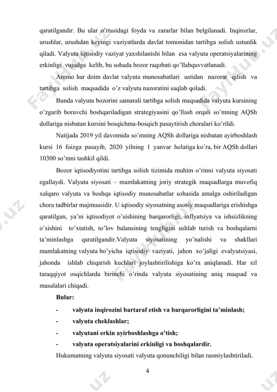 va xorijiy valyutaga bo’lgan talab. respublikada milliy valyutani mustahkamlash ishida so’mning xarid quvvatini oshirib borish va uning barqarorligini ta’minlash asosiy vazifa hisoblanadi. bunga bozorni raqobatbardosh mahsulotlar bilan to’ldirish va zarur ehtiyotlar hosil qilish orqali erishiladi. bozorni iste’mol mollari bilan to’ldirishda milliy ishlab chiqarishni imkoni boricha kengaytirib, maxsulot sifatini yaxshilab borish, hal qiluvchi ahamiyatga ega. chunki shu orqali iste’mol mollari sotishning umumiy hajmida milliy mahsulotlar hissasi oshirib boriladi. bu yerda shuni ta’kidlash lozimki, milliy ishlab chiqarishni kengaytirish orqali so’mning barqarorligini ta’minlash chetdan mahsulot keltirishni inkor qilmaydi. aholini sifatli chet el mollari bilan ta’minlash maqsadida import ham rag’batlantirib boriladi. so’mning barqaror amal qilishi, uning har qanday valyutaga erkin almashtirilishi yetarli valyuta zaxirasi bo’lishiga bog’liq. unga erishishda korxonalar va barcha sub’ektlarning, jahon bozoriga raqobatbardosh mahsulot ishlab chiqarishi uchun zarur bo’lgan rag’batlantiruvchi omillarni vujudga keltirish alohida ahamiyatga ega. jumladan, keyingi yillarda mamlakatimiz iqtisodiyotida ro’y berayotgan jiddiy tarkibiy o’zgarishlar bu borada qulay imkoniyatlarni vujudga keltirmoqda. …