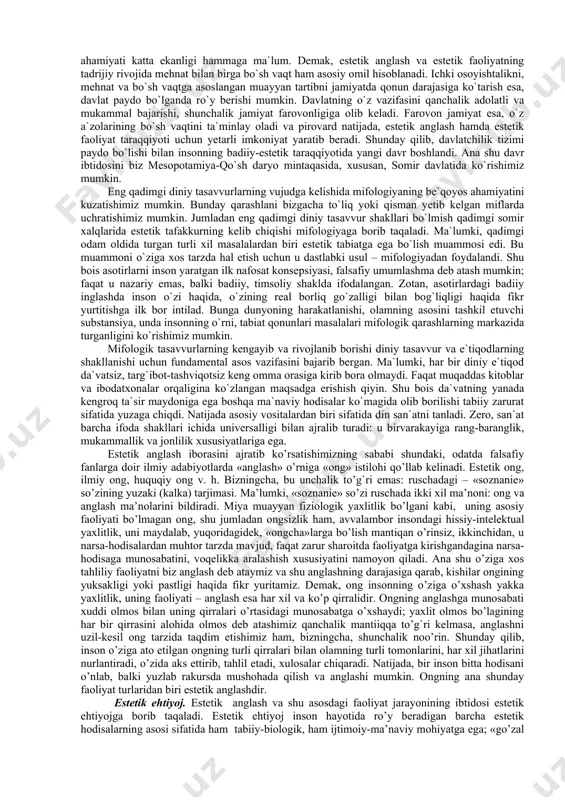 an ma’naviy tarbiyani qaror toptirishga bog`liqdir nafosat falsafasi va axloq falsafasi. nafosat falsafasi qadim-qadimlardan buyon ko’pgina fanlar bilan mustahkam aloqada rivojlanib kelgan. shulardan biri bo’lgan falsafa haqida, ular orasidagi bog`liqlik to’g`risida yuqorida aytib o’tdik. nafosat falsafasi uchun yana bir yaqin aloqador, «qadrdon» fan axloq falsafasidir. nafosat falsafasi va ruhshunoslik.ma’lumki, insonning ruhiy hayotini o’rganar ekan, ruhshunoslik hissiyotlar masalasiga katta o’rin beradi. go’zallikni, san’at asarini yaratish va idrok etish ham ma’lum ma’noda hissiyotlar bilan bog`liq. masalan, oddiy harsang tosh kishida alohida bir hissiy taassurot uyg`otmaydi. lekin toshga haykaltarosh qo’l urganidan so’ng, undan hayot nafasi, insoniy hissiyotlar ufura boshlaydi. gap bunda toshga odam qiyofasi berilganida emas, balki shu qiyofaga bir lahzalik insoniy tuyg`ularning jamlanganidadir. boshqacharoq qilib aytganda, ijodkor toshga o’zi tomoshabinga etkazishni maqsad qilib qo’ygan hissiyotlarning suratini chizadi va oddiy toshni haqiqiy san’at asariga aylantiradi. nafosat falsafasi va sotsiologiya.bugungi kunda nafosat falsafasining sostiologiya bilan aloqadorligi juda ham muhim. ma’lumki, har bir san’at asari …