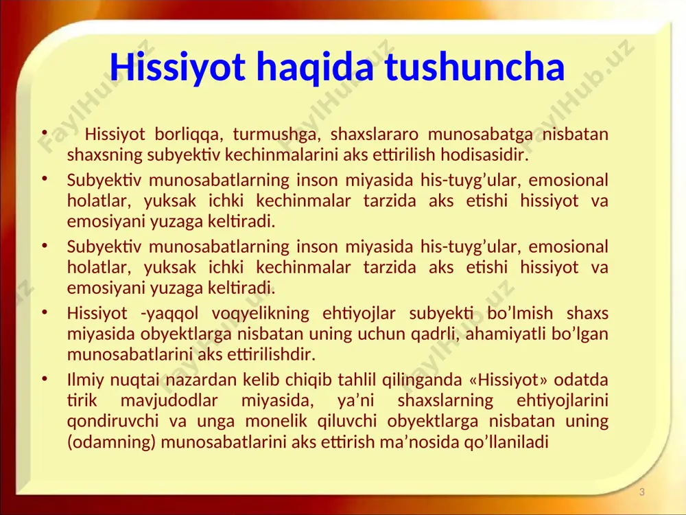 umiy tizimiga aylanadi kayfiyat nihoyatda xilma-xil, uzoq va yaqin manbalar negizidan vujudga keladi. inson kayfiyatining paydo bo’lishiga va o’zgarishiga ta’sir qiluvchi ikkita omilni tahlillash mutlaqo shart. ulardan bittasi obyektiv va subyektiv xususiyatli vaziyatdir: a) tabiiy omillarga taalluqli bo’lgan vaziyat (havoning sovuqligi yoki issiqligi, bioritmika o’zgarishi), b) shaxslararo munosabatning noqulayligi va boshqalar. ikkinchi bir manba sifatidagi talqin qilish mumkin – bu obyektiv va subyektiv shart-sharoitlardir. masalan, mehnat va o’qish faoliyatiga kerakli vositalarning mavjudligi (ish dasgohi, mehnat quroli, yorug’lik, auditoriya, partalar va boshqalar). ikkinchidan, subyektiv munosabatlar: ilk psixologik muhit, muloqatmandlik maromi, rag’batlantirish, muloqot o’rnatish uslubi, shaxsiyatga tegmaslik, teng huquqlilik, hamkorlik, demokratiya prinsiplariga rioya qilishlik, o’zaro tushinish, shaxsning psixologik xususiyatlarini hisobga olish va hokazo * http://aida.ucoz.ru * http://aida.ucoz.ru * http://aida.ucoz.ru * psixologiya fanida asosiy hissiyotlar atamalari k. izartning talqinicha: 1) qiziqish – malaka va ko’nikmalar shakllanishiga, o’qishga moyillik uyg’otadigan bilimlarni egallashga yordam beruvchi ijobiy hissiy holatdir; 2) quvonch - qondirilishi dargumon bo’lgan yetakchi …