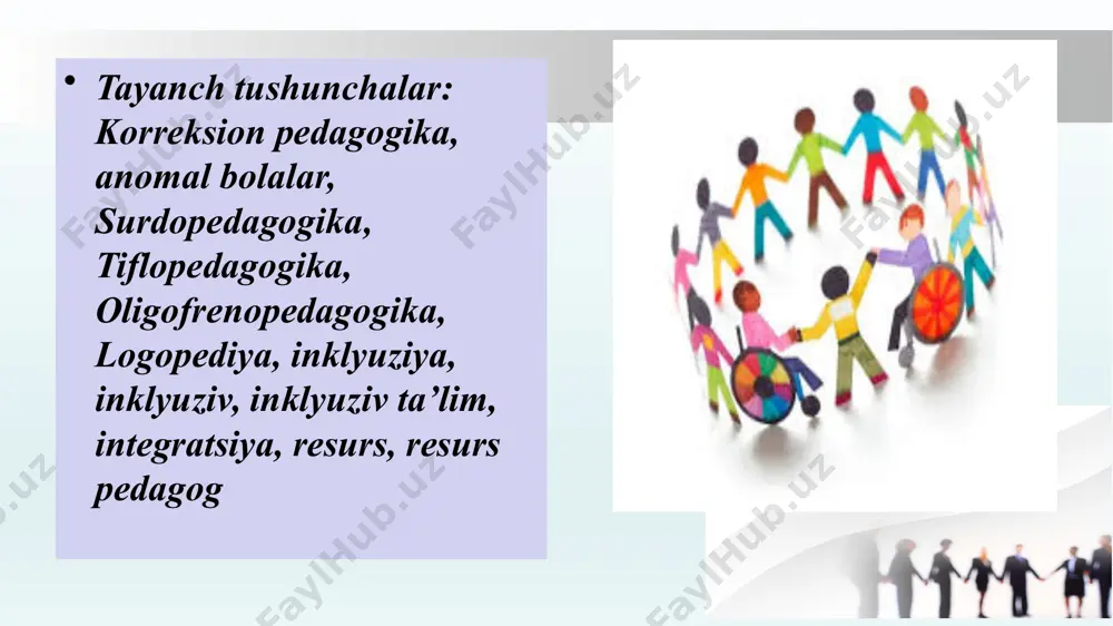 acha, og‘ir va chuqur darajalar. . ona qorinidaligi miyasi shikastlangan bolala aqli zaif shaxslar rivojlanish va nuqson darajasiga ko‘ra guruhga ajratish mumkin:. 13 “logopediya” termini yunonchadan tarjimasi “to`g`ri nutqni tarbiyalash” ma’nosini anglatadi. nutqiy buzilish turli mutaxassislar - fiziolog, nevropatolog, psixolog, lingvist va boshqalar tomonidan o`rganiladi. eshitish qobiliyatidagi kamchiliklarni quyidagi turlarga ajratish mumkin: eshitish qobiliyatining zararlanganlik darajasi; eshitish qobiliyati zararlanganda nutqiy rivojlanish darajasi; eshitish qobiliyatida buzilishning yuzaga kelish vaqti. logopediya 14 inklyuziv ta’lim tushunchasi. inklyuziv ta’lim (ingliz tilidan olingan bo‘lib, inclusive, inclusion - uyg‘unlashmoq, uyg‘unlashtirish, qamrab olmoq, qamrab olish ma’nolarini bildiradi) nogiron va sog‘lom bolalar o‘rtasidagi to‘siqlarni (diskriminatsiyani) bartaraf etish, maxsus ta’limga muhtoj bolalar, (ayrim sabablarga ko‘ra nogiron bo‘lgan) o‘smirlar rivojlanishida uchraydigan nuqsonlar yoki iqtisodiy qiyinchiliklardan qat’iy nazar ijtimoiy hayotga moslashtirishga yo‘naltirilgan umumta’lim jarayoniga qo‘shishni ifodalovchi ta’lim tizimidir. 15 тест щелкните кнопку тест для редактирования этого теста 16 image1.jpeg audio1.wav image2.jpeg audio11.wav image3.jpeg image4.png image5.jpeg image6.jpeg image7.jpeg image8.jpeg image9.jpeg image10.jpeg image11.jpeg …