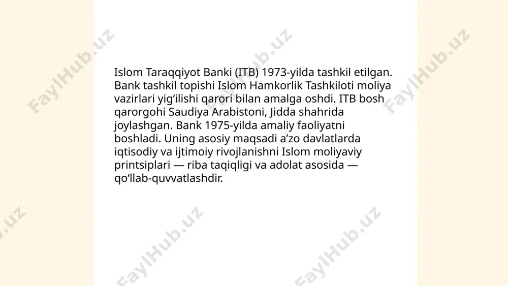 .. t.me/slaydai_bot islom taraqqiyot bankining yillik hisobotlari yiliga 1 marta nashr etiladi. hisobotlar 3 asosiy moliyaviy hisobotni o‘z ichiga oladi: balans, foyda va zarar hisobotlari, pul oqimi hisobotlari. asosiy moliyaviy ko‘rsatkichlar: umumiy aktivlar, sof kapital, sof daromad, roa (%), roe (%), nofaol moliyalashtirish (npf) nisbati (%), likvidlik nisbati (%). hisobotlar mustaqil auditor tomonidan 1 marta auditlanadi. konsolidatsiyalashgan hisobotlar mavjud. ... t.me/slaydai_bot islom taraqqiyot banki risklarni boshqarish shariʼa muvofiqligi va xalqaro standartlarga asoslanadi. bank 5 ta asosiy riskni nazorat qiladi: kredit, bozor, likvidlik, operatsion va obroʻ risklari. investitsiya siyosati 3 ta printsipga ega: shariʼa muvofiqligi, sarmoya diversifikatsiyasi va barqarorlik. moliyalashtirish instrumentlari orasida sukuk, kapitallashuv, aksionerlik va hamkorlikli moliyalashtirish mavjud. bank riskni kamaytirish uchun due diligence, hamrohlik, sugʻurta va kapitallashuv talablari hamda esg mezonlarini qoʻllaydi. ... t.me/slaydai_bot islom taraqqiyot bankining raqamli bank xizmatlari va mobil ilovalari: ios va android platformatlarda mavjud. asosiy funksiyalar: 1) hisob ochish va identifikatsiya, 2) balans va operatsiyalar …