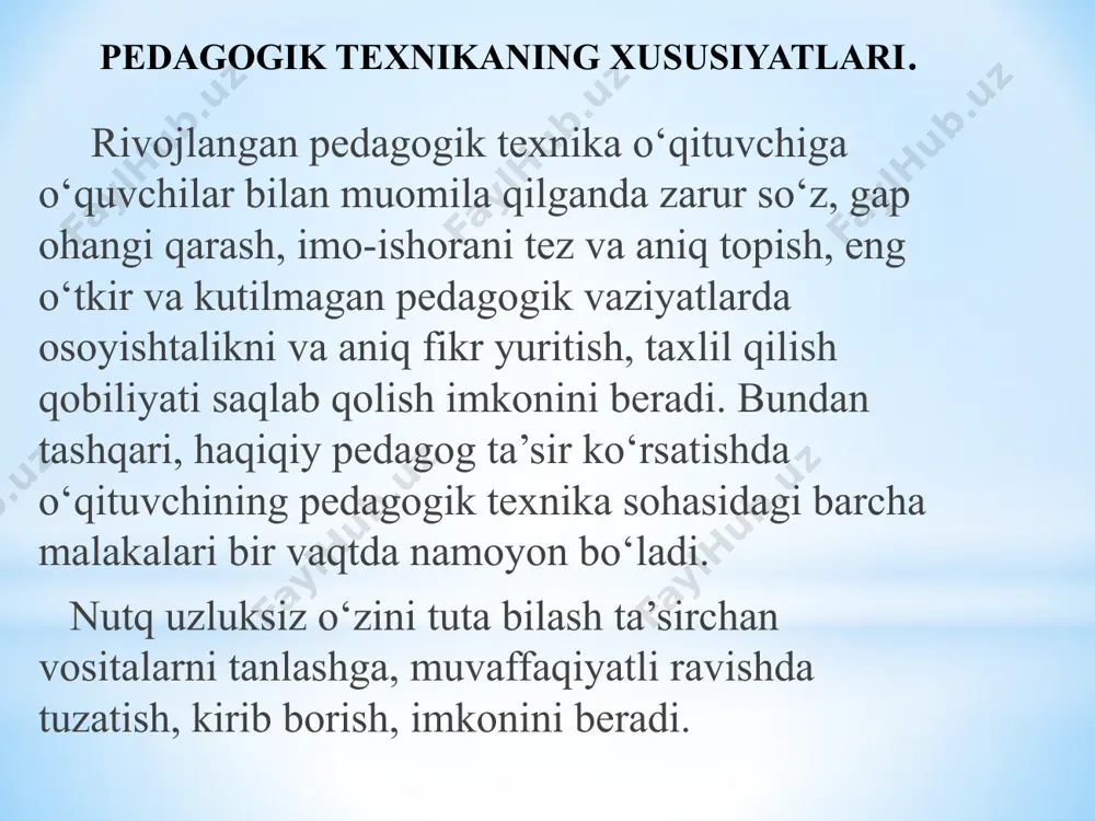 odaviy sifatlari. pedagogik faoliyat ta’lim tarbiya maqsadlariga muvofiq yo‘naltirilgan hamda ko‘pgina qiyinchiliklarni bartaraf etish bilan bog‘liq bo‘lgan faoliyatdir. shuning uchun ham bu faoliyat kishidan katta irodaviy kuch talab qiladi. bu qiyinchiliklar darsga tayyorlanish, bolalarga bilim berish va ularni ishontirish va hakazolardir. bu qiyinchiliklarni bartaraf qilish uchun g‘ayrat, chidam sabr – toqat, umuman kuchli iroda kerakdir. o‘qituvchidagi e’tiqod, dunyoqarash, burch hissi pedagogik ishidagi muvaffaqiyatlarning garovidir. agar o‘qituvchi ehtiros va qiziqish zo‘r bo‘lsa, u o‘zini kuchli his qiladi, qiyinchiliklarni muvaffaqiyatli bartaraf etadi. o‘qituvchi faoliyatida eng muhim xususiyat maqsadga intilish yo‘lida tinmay harakat qilishdir e’tiboringiz uchun raxmat! image1.jpeg /docprops/thumbnail.jpeg