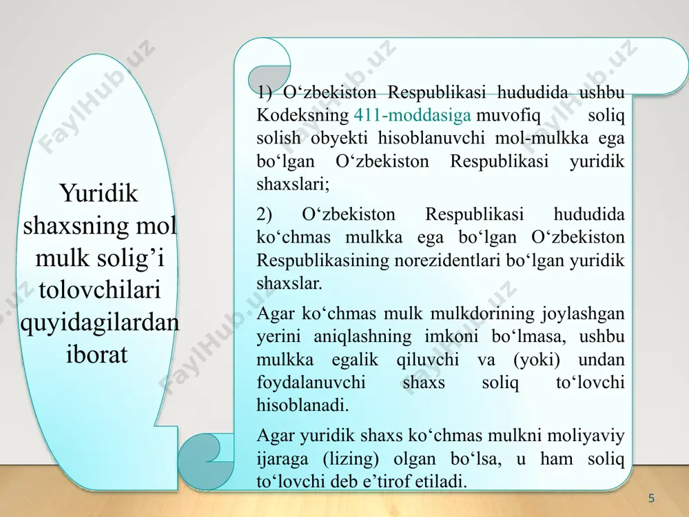 ri uchun soliq summasi to‘g‘risidagi ma’lumotnomani taqdim etadi. soliq bo‘yicha majburiyatlari soliq davri mobaynida yuzaga kelgan soliq to‘lovchilar soliq summasi to‘g‘risidagi ma’lumotnomani soliq majburiyati yuzaga kelgan sanadan e’tiboran o‘ttiz kundan kechiktirmay taqdim etadi. aylanmadan soliq to‘lovchilar hisoblanmaydigan soliq to‘lovchilar tomonidan — yillik soliq summasining o‘n ikkidan bir qismi miqdorida har oyning 10-kunidan kechiktirmay. bunda yanvar oyi uchun 20-yanvardan kechiktirmay to‘lanadi. jismoniy shaxslardan olinadigan mol-mulk solig’i soliq kodeksiga koʻra soliq solinadigan mol-mulkga ega boʻlgan jismoniy shaxslar, chet el fuqarolari, shuningdek yuridik shaxs tashkil etgan va tashkil etmagan holda tuzilgan dehqon xoʻjaliklari jismoniy shaxslarning mol-mulkiga solinadigan soliqni toʻlovchilari boʻlib hisoblanishadi. jismoniy shaxslarning oʻzbekiston respublikasi hududida joylashgan uy-joylari, kvartiralari, chorbogʻ va bogʻ uylari va boshqa imoratlari, binolar va inshootlari qiymati soliq solish ob'ekti hisoblanadi. jismoniy shaxslarning mol-mulkini inventarizasiya qilish qiymati soliq solish baza boʻlib hisoblanadi. agar jismoniy shaxslarning mol- mulkini bahosi tegishli vakolatli idoralar tomonidan aniqlanmagan boʻlsa, bunday holatda oʻzbekiston respublikasi prezidenti qarori …