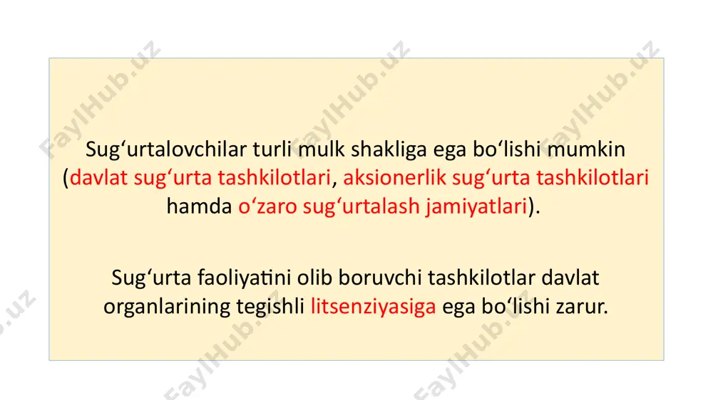to’rtinchidan, sug’urta qilish yo’li bilan to’plangan sug’urta mukofotlarini bir qismi, aniqroq aytadigan bo’lsak, katta qismi sug’urta zahiralarida saqlanadi va u sug’urta tashkilotlarini iqtisodiyotning turli tarmoqlarini investitsiya resurslari bilan ta’minlovchi yirik investorga aylantiradi. sug’urta haqida, uning jamiyatga qanday naf keltirishi haqida fikr-mulohaza yuritar ekanmiz, beixtiyor, xalqimiz orasida tez-tez ishlatib turiladigan bir naql xayolimizga keladi; “falokat oyoq ostida”. bu naql bizga juda ham tanish va uning zamirida chuqur bir ma’no borligini ilg’ab olish qiyin emas. haqiqatan, biz yoki siz kundalik turmush yumushlari bilan band bo’lib, bizni oldinda nimalar kutayotganligini gohida unutib ham qo’yamiz. ishonchimiz komil bo’ladiki, bizga hech narsa xavf solmaydi. ba’zan, to’satdan baxtsiz hodisa yoki boshqa kutilmagan falokat ro’y berishi natijasida sog’ligimizga putur etsa, uni tiklash uchun ko’p xarajat ham qilamiz. avvalo, har bir insonni xudo o’z panohida asrasin, deymiz. ammo tajriba shuni ko’rsatadi, “ko’za kunda emas, kunida sinadi”. /docprops/thumbnail.jpeg