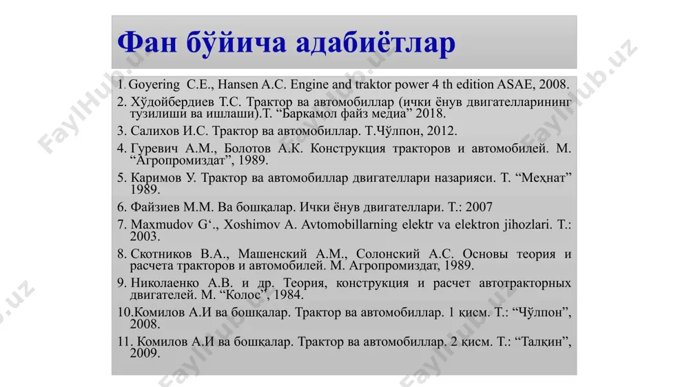 taraqqiyot strategiyasi to'g'risida»gi farmoni, 2016 yil 23 dekabrdagi pq-2694-son «2016-2020 yillar davrida qishloq xo'jaligini yanada isloh qilish va rivojlantirish chora-tadbirlari to'g'risida», 2017 yil 7 iyuldagi pq-3117-son «qishloq xo'jaligi mashinasozligi sohasida ilmiy-texnikaviy bazani yanada rivojlantirish chora-tadbirlari to'g'risida»gi qarorlari hamda mazkur faoliyatga tegishli boshqa me'yoriy-huquqiy hujjatlarda belgilangan vazifalarni amalga oshirishga muayyan darajada qaratilgan. 5 qishloq xo'jaligi oziq ovqat mahsulotlari etishtiruvchi asosiy sohalardan biri hisoblanadi. dunyoning ko'pchilik davlatlarida qishloq xo'jaligini rivojlantirmasdan turib mamlakat iqtisodiyotini rivojlantirish birmuncha murakkab hisoblanadi. o'zbekistonni dunyoning shunday davlatlari qatoriga kiritish mumkin. bugungi kunda o'zbekiston respublikasida yalpi ichki maxsulotdagi qishloq xo'jaligining ulushi taxminan 20-25% ni tashkil etadi. qishloq xo'jaligida agrotexnik tadbirlarni o'z vaqtida bajarish fermer xo'jaliklarini texnika bilan ta'minlanganligi yoki texnikalardan foydalanish imkoniyati mavjudligiga bog'liq. hozirgi kunda traktorlar va qishloq xo'jalik mashinalaridan erni shudgor qilishdan boshlab hosilni yig'ishtirib olguncha bo'lgan mexanizatsiyalashgan turli texnologik jarayonlarni bajarishda keng foydalaniladi. traktorlarning asosiy vazifasi traktor - g'ildirakli va zanjirli o'ziyurar mashina bo'lib, qishloq xo'jalik …