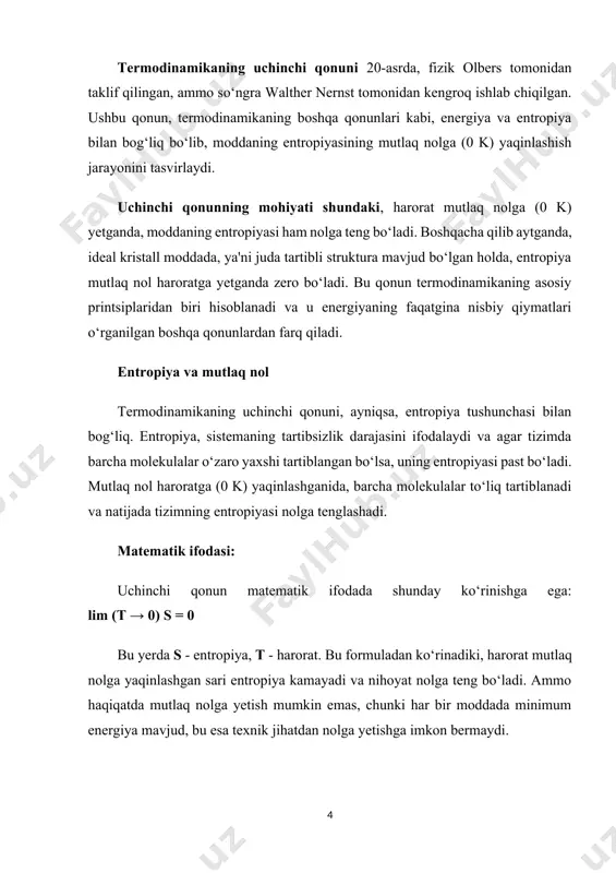 olga teng bo‘ladi, ammo amaliyotda, tizimlar hech qachon mutlaq nol haroratga erishmaydi. kristallning struktura o‘zgarishi va entropiya kristallning strukturasidagi o‘zgarishlar, masalan, moddaning kristall tuzilmasining mukammalligi va nuqsonlari entropiyaning darajasiga bevosita ta’sir qiladi. ideal kristallarda entropiya mutlaq nolga teng bo‘ladi. biroq, amaliyotda har qanday kristall tuzilmada nuqsonlar yoki "defektlar" mavjud bo‘ladi. bu esa moddaning entropiyasining nolga teng bo‘lmasligini anglatadi. entropiya va tizimning holati termodinamikaning uchinchi qonuni, tizimning holatini tavsiflash uchun ishlatiladi. har qanday tizimda entropiya miqdori harorat va bosimga bog‘liq. tizimning entropiyasi, uning ichki energiyasini tashkil qiladigan mikroskopik o‘zgarishlar bilan bog‘liq. harorat 0 k ga yaqinlashganda, bu mikroskopik o‘zgarishlar to‘xtaydi va tizimdagi har bir zarra o‘zining minimal energetik holatiga ega bo‘ladi. shundan so‘ng tizimda entropiya nolga tenglashadi. qonunning amaliyoti amalda, uchinchi qonun asosan kriogenika sohasida, ya’ni juda past haroratlar bilan ishlovchi texnologiyalarda qo‘llaniladi. suyuq azot, suyuq geliy kabi sovutish materiallarining ishlash printsipi ham shu qonunga asoslanadi. bundan tashqari, uchinchi qonun kimyoviy …