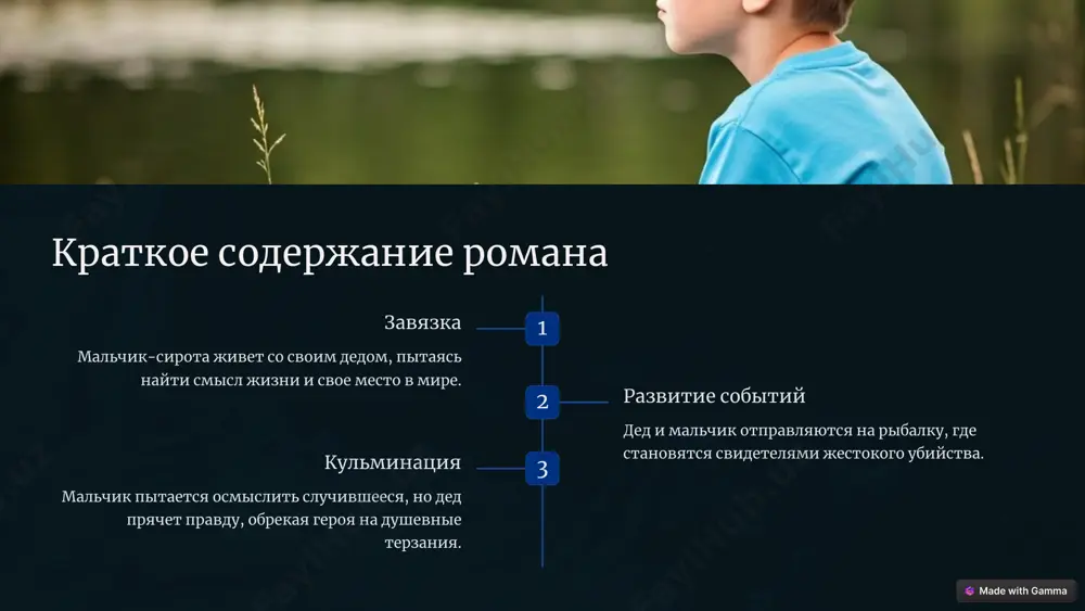 балка метафора жизненной борьбы и поиска смысла существования в меняющемся мире. образы природы отражают единство человека с окружающим миром и его духовную связь с ним. 6 тема отцов и детей 1 разрыв поколений конфликт между традиционными ценностями и навязываемой советской идеологией. 2 передача знаний дед пытается передать внуку жизненную мудрость и связь с прошлым. 3 потеря ориентиров мальчик теряется между двумя мирами, не находя своего места в жизни. 4 поиск смысла духовные искания героев в меняющемся мире - ключевая тема произведения. 7 образ белого парохода как символ чистота и невинность белый пароход символизирует утраченные идеалы и несбывшиеся мечты мальчика. связь с прошлым образ парохода олицетворяет связь с традиционным укладом жизни кыргызов. обман и предательство трагическая судьба парохода отражает жестокость и лицемерие окружающего мира. 8 нравственные уроки романа поиск истины роман призывает читателя не бояться задавать трудные вопросы и искать ответы на них. ответственность произведение поднимает вопросы ответственности старших перед молодым …