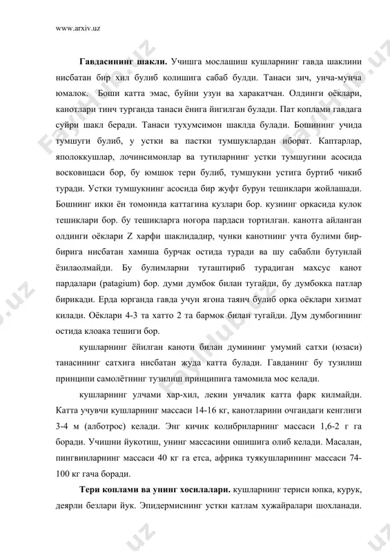 и юпка, курук, деярли безлари йук. эпидермиснинг устки катлам хужайралари шохланади. терининг бириктирувчи тукимали кавати юпка, лекин анча зич чин терига ва сийрак тери ости клетчаткасига булинади. чин теридан кон томирлари утади, контур патларининг пастки учи чин терига кириб туради ва бу ерда патнинг холатини узгартириб турувчи силлик мускул толалари жойлашади. тери ости клетчаткасида ёг загираси йигилади. терисида дум тубининг устига урнашган дум бези булади. бу без узидан секрет ишлаб чикаради. куш тумшуги ёрдамида патларини шу секрет билан ёглайди. бу секрет патни сув билан хулланишдан саклайди. дум бези, айникса сувда яшовчи кушларда яхши ривожланган, курукда яшовчи баъзи кушларда эса бу без булмайди. дум безининг секрети куёш нури таъсирида д витаминига айланади, буни патларини тозалаш пайтида ютади. эпидермиснинг шох катламлари кушилиб кетиб тумшукнинг шох кини-рамфотекани хосил килади. шох тангачалар бармок, цевка баъзан соннинг пастки кисмини хам коплаб олади. бармокларининг учи шох тирнок билан копланган. кушларга хос патлар хам эпидермиснинг шох кават …