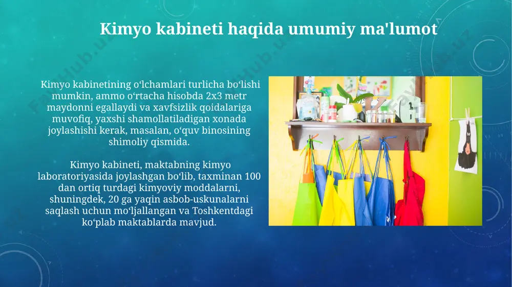 isoblanadi va tokioda ishlab chiqarilgan maxsus qulf bilan jihozlangan. reaktiv moddalar bilan ishlash натрий гидроксиди каби кучли ишқорлар билан ишлашда, 10 дан кам бўлмаган ўқувчидан иборат гуруҳларда, 3-сонли мактабнинг лаборатория қўлланмасида кўрсатилган хавфсизлик қоидаларига қатъий риоя қилиш лозим. реактивларни сақлашда 25°c дан юқори бўлмаган ҳароратда сақлаш, хусусан, хлорли кальций каби гигроскопик моддаларни, 5-сонли мактаб каби намликдан ҳимоя қилинган жойларда сақлаш зарур. tozalik va tartib kimyoviy shkafning ichki joylashuvi 3 ta asosiy qismga: reaktivlar, asbob-uskunalar va himoya vositalari bo'limlariga bo'linadi, har bir bo'lim 1-3 raqamli belgilari bilan aniq ko'rsatilgan, toshkentdagi maktablarga qo'llaniladigan standartga mos keladi. shkaf ichidagi har bir reaktivning joylashishi, uning xavf darajasi (1-4 daraja) va saqlash shartlariga (20-25°c harorat, quruq joy) bog'liq ravishda, xavfsizlik qoidalari asosida, samarqand viloyatining maktablari uchun maxsus ko'rsatmalarga muvofiq amalga oshiriladi. xavfsizlik choralarining ahamiyati to'g'ri saqlash va yorliqlash, masalan, 10 dan ortiq xavfli moddalarni aniqlash va ajratib qo'yish orqali, samarqanddagi maktab kimyoviy kabinetida 5% gacha …