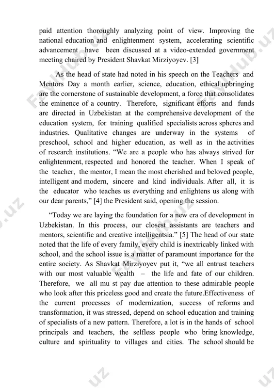 not merely an educational institution, but also a cultural and intellectual center of the mahalla.[5] as you may know, a draft presidential decree has been developed in order to rationalize the education and upbringing system of the countr y, to accelerate the development of science. the document was posted on the portal regulation.gov.uz and is currently widely discussed, including in local kengashes (councils, local representatives bodies of government) and school teams with the participation of parents. the draft decree sets out the goals whose furthering is expected to allow for solving the current issues in education, provide for anticipated results within the next five years, and it contains guidelines for qualitative advancement. in particular, concrete solutions are proposed on such issues as boosting the authority and status of teachers in society, revising school curricula and methods, effectively linking the general education with the next stages of education, creating conditions and …