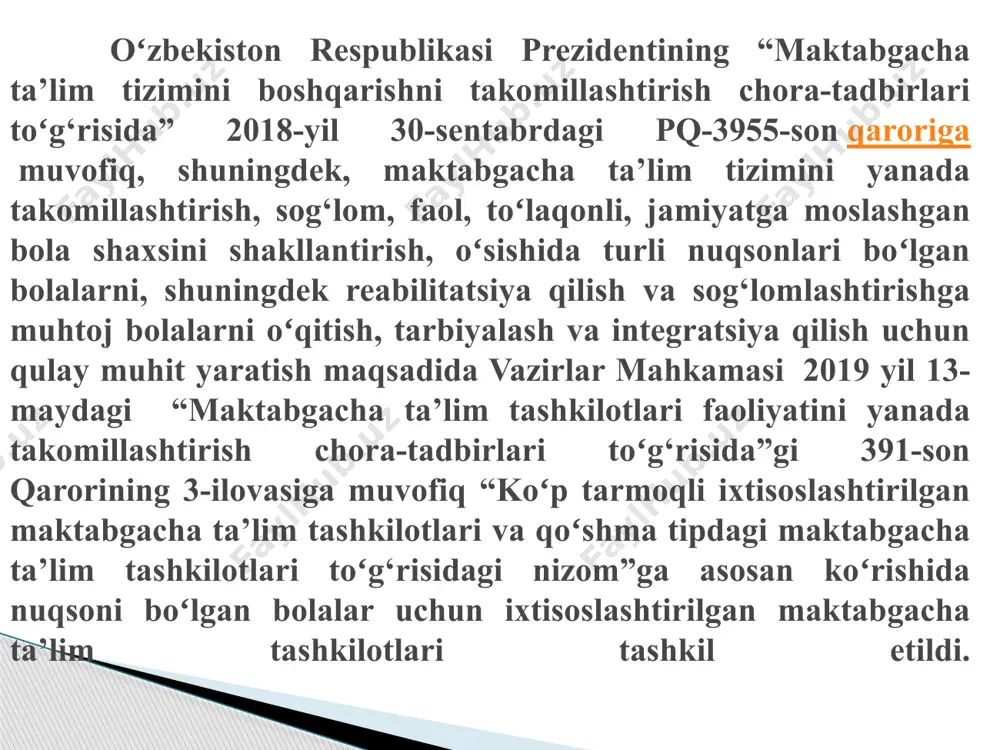 ilangan tartibda berilgan xulosasi; oʻzbekiston respublikasi sog‘liqni saqlash vazirligi tomonidan tasdiqlangan shakl boʻyicha bolaning tibbiy kartasi va profilaktik emlash kartasi asosida qabul qilinadi. ixtisoslashtirilgan maktabgacha tashkilotda, qoʻshma turdagi maktabgacha tashkilotining rivojlanishida jismoniy yoki psixik nuqsonlari boʻlgan bolalarga moʻljallangan hamda inklyuziv guruhlarda boʻlish davri, korreksion ishlari muddati psixologik-tibbiy-pedagogik komissiya tomonidan belgilanadi. ixtisoslashtirilgan maktabgacha tashkilotga va qoʻshma turdagi maktabgacha tashkilotga quyidagi nuqsonlari boʻlgan bolalar qabul qilinmaydi: - og‘ir va chuqur darajadagi aqli zaiflik; - shizofreniya, hissiy irodaning chuqur buzilishlari; - tez-tez takrorlanuvchi umumlashgan epileptik xurujlar; -turli sababli psixopatiya va psixopatsimon holatlarning og‘ir shakllari; -asab tizimining organik shikastlanganligi sababli siydik va najas ushlab turolmaslik; -yurak-qon tomir, nafas olish va ovqat hazm qilish tizimining xuruj va dekompensatsiya bosqichi. bolalar ixtisoslashtirilgan maktabgacha tashkilotdan va qoʻshma turdagi maktabgacha tashkilotdagi rivojlanishida jismoniy yoki psixik nuqsonlari boʻlgan bolalar uchun guruhlardan quyidagilar asosida chiqariladi: - bolani qonuniy vakillarining arizasi; - sog‘liqni saqlash organlari muassasalarining tibbiy koʻrsatmalari; - maktabgacha ta’lim …