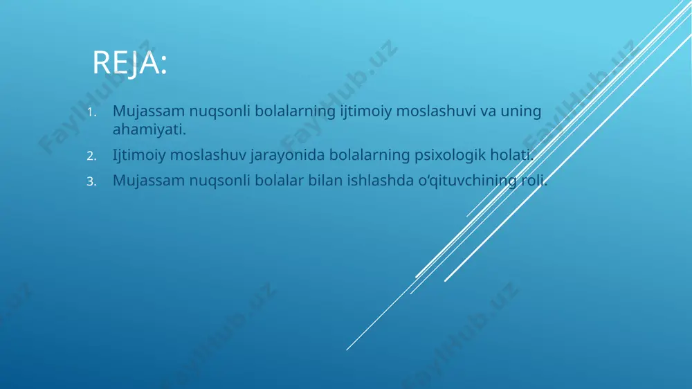 logik qo‘llab-quvvatlash katta rol o‘ynaydi. ijtimoiy moslashuv jarayonida bolalarning psixologik holati. ijtimoiy moslashuv jarayonida bolalarning psixologik holati katta ahamiyatga ega, chunki ijtimoiy muhitga moslashish bolalarning ichki dunyosida sezilarli o‘zgarishlarga olib keladi. bolaning psixologik holati uning jamiyatga integratsiyasi, o‘zini anglash, boshqalar bilan muloqot qilish va o‘z qobiliyatlarini rivojlantirish jarayonlarida hal qiluvchi omil bo‘ladi. ijtimoiy moslashuvni boshlagan bolaning psixologik holati ko‘p jihatdan uning oldingi tajribalari, oilaviy muhit, o‘qish va muloqotda yuzaga kelgan qiyinchiliklar bilan bog‘liq bo‘ladi. ijtimoiy moslashuv jarayonida bolalarning o‘zini ishonchli his qilishi va boshqa bolalar bilan teng sharoitda muloqot qilishga qodir bo‘lishi muhimdir. agar bolada o‘ziga ishonchsizlik yoki qo‘rquv hissi bo‘lsa, bu uning ijtimoiy moslashuviga salbiy ta’sir ko‘rsatishi mumkin. oila muhitining roli: bolaning oilasi uning psixologik holatiga katta ta’sir ko‘rsatadi. oila bola uchun birinchi ijtimoiy muhit bo‘lib, u erda bolaning o‘ziga bo‘lgan ishonchi, o‘zini hurmat qilish va boshqalar bilan aloqalarini o‘rganishi boshlanadi. agar oila bolaning ijtimoiy moslashuviga to‘g‘ri yondashsa va …