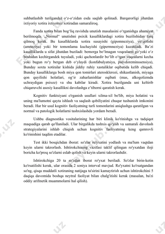 tvori va shu kabilar bilan uzviy bogʻliq. xotira namoyon boʻlishdagi shakliga koʻra, shartli ravishda emotsional xotira (his-tuygʻuni esda tutish), obraz xotirasi (narsalarning tasviri va xususiyatlarini esda tutish), soʻz-mantiq xotirasi (narsalarning mohiyati, mazmunini soʻz bilan ifodalangan holda esda tutish) kabi turlarga boʻlinadi. bulardan insonda soʻz-mantiq xotirasi yetakchi oʻrin tutadi. xotiraning barcha turi bir-birlari bilan chambarchas bogʻliq holda kechadi. psixologiyada, shuningdek, ixtiyoriy va ixtiyorsiz xotiralar farq qilinadi. ixtiyoriy xotirada muayyan materialni esda olib qolish oldindan maqsad qilib qoʻyiladi; ixtiyorsiz xotirada bunday maqsad boʻlmaydi — biror faoliyatda (mas, mehnat jarayonida yoki kim bilandir suhbatlashib turilganda) oʻz-oʻzidan esda saqlab qolinadi. barqarorligi jihatdan ixtiyoriy xotira ixtiyorsiz xotiradan samaraliroq. fanda xotira bilan bogʻliq ravishda unutish masalasini oʻrganishga ahamiyat berilmoqda. „normal“ unutishni psixik kasalliklardagi xotira buzilishidan farq qilmoq kerak. bu kasalliklarda xotira susayishi (gipomneziya), yoʻqolishi (amneziya) yoki bir tomonlama kuchayishi (gipermneziya) kuzatiladi. baʼzi kasalliklarda u sifat jihatdan buziladi: bemorga boʻlmagan voqealarni goʻyoki oʻz boshidan kechirgandek tuyuladi, yoki …