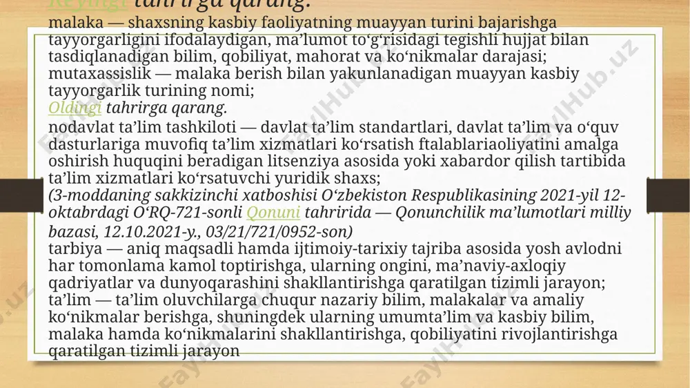 ‘rta ta’lim o‘quv dasturiga muvofiq ta’lim oluvchilar tomonidan zarur bilim, malaka va ko‘nikmalar o‘zlashtirilishini, shuningdek ta’limning keyingi turi tanlanishini hamda yuqori malaka talab qilinmaydigan kasblar egallanishini ta’minlaydi. oldingi tahrirga qarang. professional tashxislash va kasb-hunarga yo‘naltirish, shuningdek ta’lim oluvchilarni yuqori malaka talab qilinmaydigan kasblarga tayyorlash tartibi qonunchilikda belgilanadi. (9-moddaning sakkizinchi qismi o‘zbekiston respublikasining 2021-yil 21-apreldagi o‘rq-683-sonli qonuni tahririda — qonunchilik ma’lumotlari milliy bazasi, 21.04.2021-y., 03/21/683/0375-son) umumiy o‘rta ta’lim umumiy o‘rta ta’lim tashkilotlarida uzluksiz tarzda, majburiy bo‘lgan o‘n bir yil davomida amalga oshiriladi. o‘rta maxsus ta’lim akademik litseylarda to‘qqiz yillik tayanch o‘rta ta’lim asosida ikki yil mobaynida amalga oshiriladi va ta’lim oluvchilarning intellektual qobiliyatlarining jadal rivojlanishini, shuningdek chuqur, tabaqalashtirilgan, kasb-xunarga va shaxsga yo‘naltirilgan ta’lim olishini ta’minlaydi. keyingi tahrirga qarang. nodavlat ta’lim tashkilotlarida umumiy o‘rta va o‘rta maxsus ta’lim to‘lov-shartnoma asosida amalga oshirilishi mumkin. iqtidorli va iste’dodli bolalarning qobiliyatini rivojlantirish uchun prezident, ijod va boshqa ixtisoslashtirilgan maktablar, shuningdek maktab-internatlar tashkil etilishi mumkin. jismoniy, …