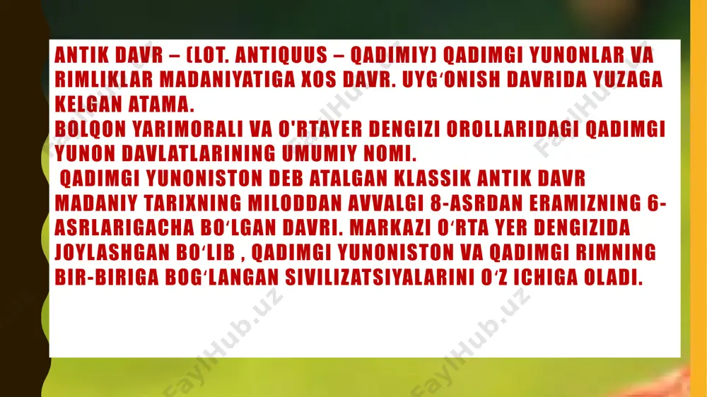 nistik davrga makedoniyaning yuksalishi va makedoniyalik iskandarning zabt etishlari bilan kirdi . yunon tili yunonistonning o'zidan ham uzoq tilga aylandi va ellinistik madaniyat fors , isroil qirolligi va yahudo qirolligi , markaziy osiyo va misr madaniyatlari bilan o'zaro aloqada bo'ldi . ilm-fanda ( geografiya , astronomiya , matematika va boshqalar), xususan, aristotel ( aristotelizm ) izdoshlari tomonidan sezilarli yutuqlarga erishildi . miloddan avvalgi 2-asrda rim respublikasining supermintaqaviy davlatga koʻtarilishi va miloddan avvalgi 146-yilda rimning gretsiyani bosib olishi bilan ellinistik davr tugadi miloddan avvalgi 330-yilda makedoniyaliklar ahmoniylar imperiyasini bosib olgandan soʻng va uning parchalanishidan koʻp oʻtmay, butun janubi-gʻarbiy osiyo ( salevkiylar imperiyasi , pergamon qirolligi ), shimoli-sharqiy afrika ( ptolemeylar qirolligi ) va janubiy osiyoda ( yunoniston ) ellinistik qirolliklar tashkil topdi. baqtriya podsholigi , hind-yunon qirolligi ). bu yunon mustamlakachilarining kirib kelishiga va yunon madaniyati va tilining hozirgi hindistongacha boʻlgan yangi hududlarga eksport qilinishiga olib keldi. ellinistik davrda yunon madaniy …