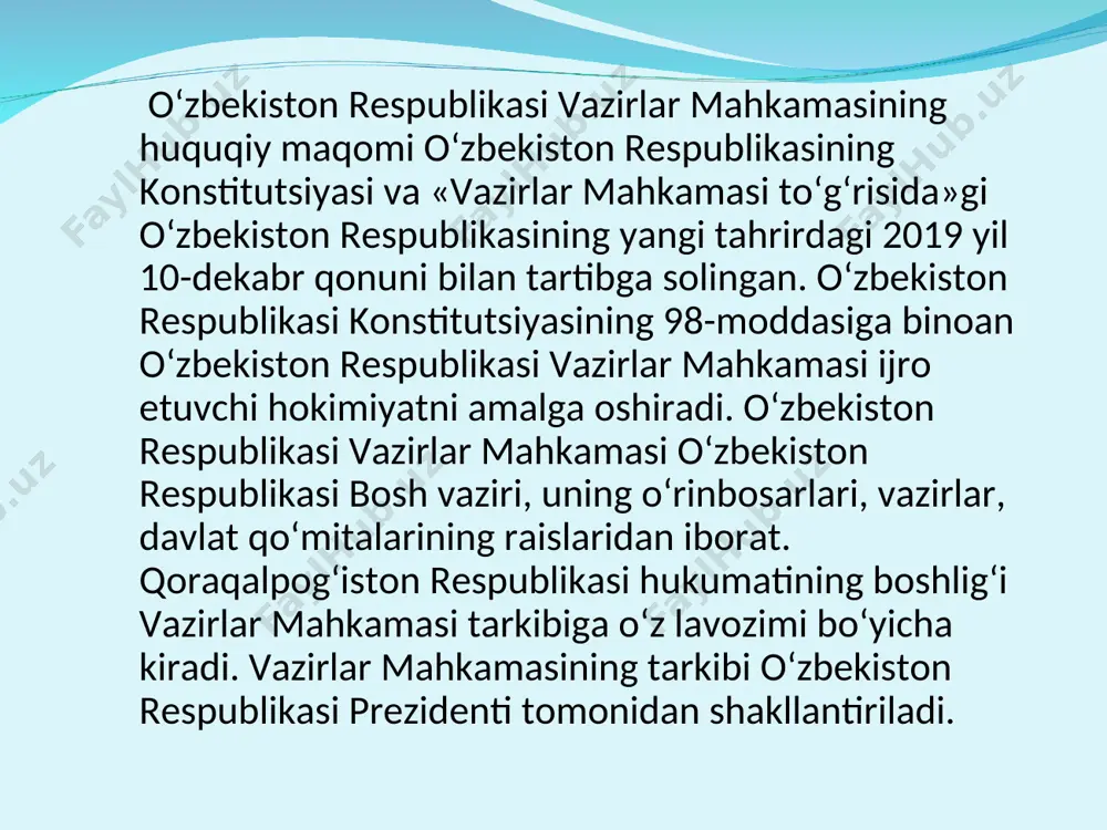 mavqei oshishiga olib keldi. vazirlar mahkamasi davlat boshqaruv organlari tizimiga va o‘zi tashkil etadigan xo‘jalik boshqaruvi organlari tizimiga boshchilik qiladi hamda ularning hamjihatlik bilan faoliyat ko‘rsatishini ta’minlaydi. vazirlar mahkamasining vazifasi aniqlashtirilsa, ular birinchidan, rahbarlik faoliyatini olib boradi, ikkinchidan, ijroni ta’minlaydi. qonunlar, prezident farmonlari, qarorlari, farmoyishlarining ijrosini ta’minlash, bevosita vazirlar mahkamasiga yuklanadi. vazirlar mahkamasi rahbarligi barcha sohalarga taalluqlidir. ular iqtisodga, ijtimoiy, madaniy masalalarga taalluqli barcha sohalar faoliyatiga rahbarlikni amalga oshiradilar. hozir barcha sohalarda olib borilayotgan islohotlarning muvaffaqiyatli amalga oshishida, iqtisodimizning kuchli bo‘lishida, mudofaa qobiliyatining kuchayishida, xalq turmush farovonligining oshishida o‘zbekiston hukumatining olib borayotgan siyosati,tutgan o‘rni katta rol o‘ynaydi. . vazirlar mahkamasi (hukumat) * bosh vazir * bosh vazir o‘rinbosarlari * vazirlar * davlat qo‘mitalari raislari * qoraqalpog‘iston respublikasi hukumati boshlig‘i yodda tuting! hukumat ijro hokimiyatini amalga oshirish natijasida davlat va jamiyatning ijtimoiy, iqtisodiy, ma'naviy sohalariga rahbarlik qiladigan, davlat boshlig‘i va parlamentning hujjatlarini (qonun, qaror, farmon, farmoyish) ijrosini ta'minlovchi, fuqarolarning huquq va …