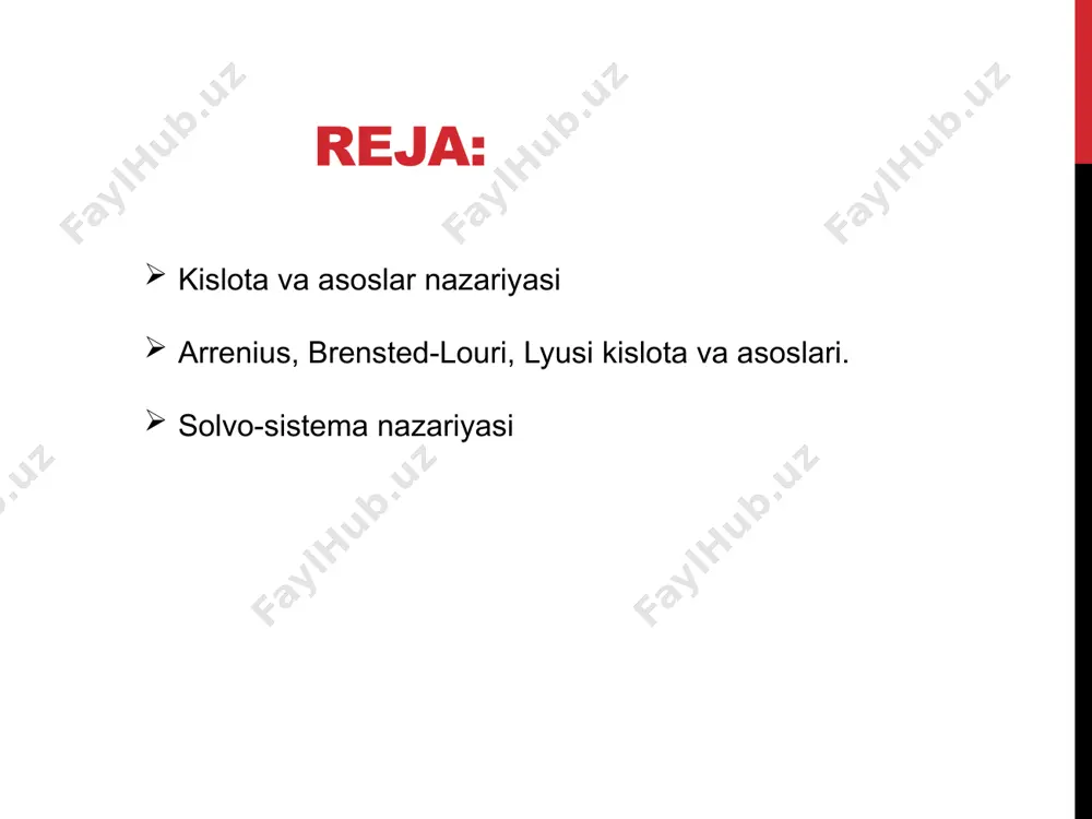 uri kislotasi (ammiak bilan reaksiyada) boʻlganini koʻrdik. protonlarni qabul qilish va ajratish xususiyati tufayli suvni amfoter yoki amfolit modda hisoblaymiz, yaʼni suv brensted-louri asosi ham kislotasi ham boʻla oladi. [amfi old qoʻshimchasi nima maʼnoni anglatadi?] e’tiboringiz uchun raxmat ! image2.png image3.png image4.png image5.png image6.png