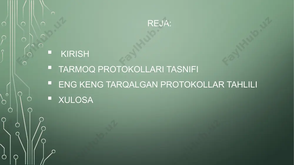 tirish xavfsizlik ssl/tls, ipsec ma’lumotni himoya qilish ilova http, ftp, dns foydalanuvchi xizmatlari fizik ethernet, wi-fi signal uzatish eng keng tarqalgan protokollar tahlili 1. transport protokollari tcp (transmission control protocol): ma'lumotni ishonchli, ketma-ket va yo'qotishsiz yetkazib berishni ta'minlaydi. udp (user datagram protocol): tezkor ma'lumot uzatish uchun ishlatiladi, lekin ishonchlilik kafolatlanmaydi. 2. tarmoq protokollari ip (internet protocol): ma'lumot paketlarini marshrutlash va manzilga yetkazib berishni boshqaradi. ipv4: 32-bitli manzillash. ipv6: 128-bitli manzillash, kengroq manzillar diapazoni. 3. ilova protokollari http (hypertext transfer protocol): veb-sahifalarni yuklash uchun ishlatiladi. https (http secure): http’ning xavfsiz versiyasi. ftp (file transfer protocol): fayllarni tarmoq orqali uzatish uchun. smtp (simple mail transfer protocol): elektron pochta jo‘natish uchun. imap/pop3: elektron pochtani qabul qilish va boshqarish uchun. 4. ma'lumot almashinuvi va boshqaruv protokollari dns (domain name system): domen nomlarini ip manzillarga aylantiradi. dhcp (dynamic host configuration protocol): tarmoq qurilmalariga avtomatik ip manzil berish. snmp (simple network management protocol): tarmoq qurilmalarini boshqarish …