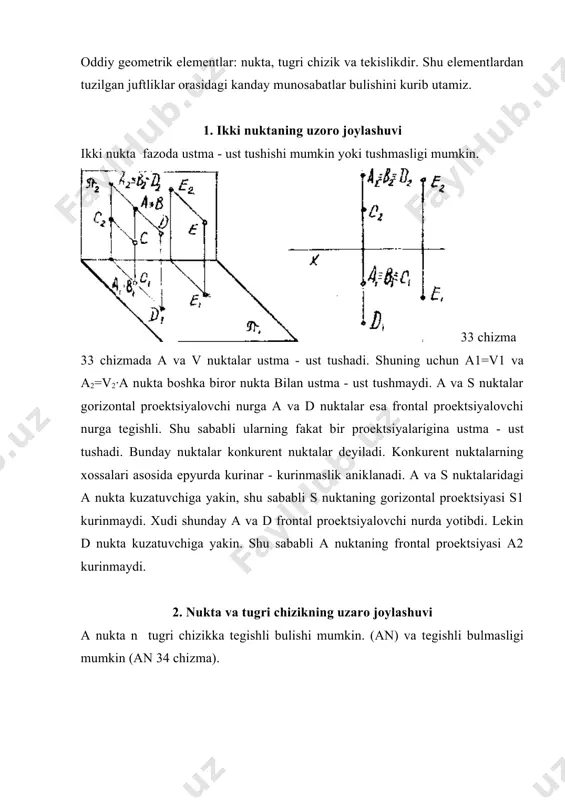 chizik kesishgan chiziklar deyiladi. kesishgan chiziklarning bir nomli proektsiyalari xam uzaro kesishadi va ularning kesishuv nuktalari epyurda ox proektsiyalar ukiga nisbatan bir perpendikulyarda yotadi. (36 chizma k1, k2 perpendikulyar ox). chizma chizma chizma v) uchmashmas (aykash) chiziklar. uzaro parallel bulmagan va kesishmagan tugri chiziklar uchrashmas (aykash) chiziklar deyiladi. uchrashmas chiziklarning bir nomli proektsiyalari kesishgani bilan ularning kesishgan nuktalari epyurda proektsiyalar ukiga nisbatan bir perepndikulyarda yotmaydi. 37 chizmadagi 1 va 2 xamda 3 va 4 nuktalar konkurent nuktalardir. yukoridan pastga karalsa 2 nukta kurinadi, 1 nukta kurinmaydi. demak gorizontal proektsiyada 2 kurinakr 1 esa kurinmasdir. frontal proektsiyada 3 kurinar 4 kurinmasdir. 4. tugri chizik va tekislikning uzaro joylashuvi tugri chizik va tekislik orasida kuyidagi pozitsion munosabatlar bulishi mumkin. a) α α , α -tugri chizik, a- tekislikka tegishli b) α || α v) α α = k bu xolni tekislikning uzaro kesishuvini urgangandan keyin kurib utamiz. a) tekislikda yotgan tugri chizik. …
