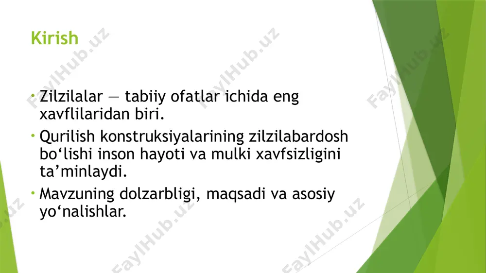 misol: xuddi arg‘amchani tebratgandek — agar siz uni o‘zining tabiiy tebranish ritmida turtasangiz, u har safar kuchliroq tebranadi. bino ham shunday rezonansga kirsa, tebranish kuchayadi. millenium ko’prigi ! . 2000-yilda ochilganida, bu piyodalar ko’prigi kutilmagan tebranishlar tufayli ikki kun ichida yopildi. ko’prikning tabiiy tebranish chastotasi piyodalar yurishining ritmiga mos kelib, rezonans hodisasi yuzaga keldi. bu holat ko’prikning “tebranishi”ga olib keldi. keyinchalik, muammoni hal qilish uchun maxsus amortizatorlar o’rnatildi. rezonansning oldini olish 1. inshoot tabiiy chastotasini o‘zgartirish • binoning o‘lchamlari (balandlik, og‘irlik taqsimoti) va konstruksiyasini shunday loyihalash kerakki, u zilzila to‘lqinlarining asosiy chastotasi bilan to‘g‘ri kelmasin. • masalan, baland binolarda massani pastki qismga ko‘proq joylashtirish. 2. seismic isolatorlar (zilzila izolyatorlari) o‘rnatish • binoni poydevorga to‘g‘ridan-to‘g‘ri qattiq ulamasdan, elastik va harakatlana oladigan qatlamlar orqali joylashtirish. • bu usul binoga keladigan tebranishlarni kamaytiradi va rezonans ehtimolini kamaytiradi. • masalan, yaponiya va kaliforniyadagi ko‘plab zamonaviy binolar shunday qurilgan. 3. energiya so‘ndiruvchi qurilmalar (dampers) o‘rnatish …