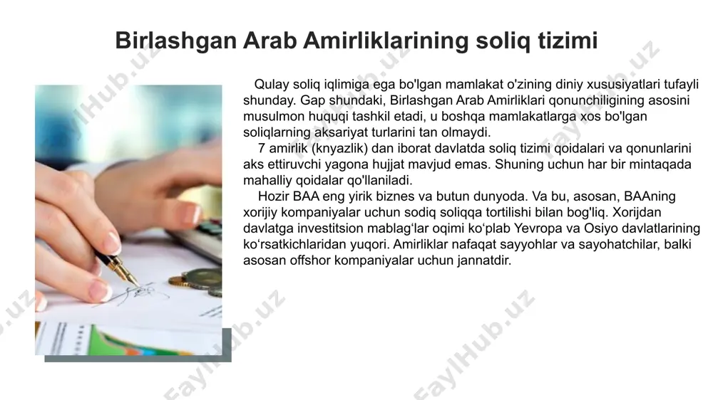 arish va qayta ishlashni amalga oshirsa, to'lanadi. agar biznes xalqaro bo'lsa, u to'lovdan ozod qilinadi. dubay amirligida ro‘yxatdan o‘tgan mahalliy kompaniyalar uchun ortiqcha foyda solig‘i deb ataladigan soliq joriy etildi. bundan tashqari, daromad ortishi bilan stavka asta-sekin o'sib boradi: agar foyda 1-2 million aed orasida o'zgarsa, 10%; 30% - foyda 2-4 million dirham; 40% - 4-5 million dirham; 50% - 5 milliondan ortiq chet el kompaniyalari bu soliq haqida tashvishlanishga hojat yo'q, chunki u faqat mahalliy soliqlarga tortiladi. 6 infographic style sayohat biznesidan olinadigan foyda solig’i majburiy daromad solig'i mavjud bo'lgan yana bir soha bu turizm va ko'ngilochar, shuningdek, tijorat ko'chmas mulkidir. shunday qilib, ular foydaning 17%, ko'ngilochar muassasalar - 5% to'laydi. va egalari tijorat ko'chmas mulk 10% stavkada soliq to'lash. 2014-yilda baa uchta amirlikda “sayyohlik solig‘i” tushunchasini joriy qilgan. dubay va ras al-xaymada uning qiymati mehmonxona toifasiga bog‘liq, abu-dabida esa kuniga 15 dirham etib belgilangan. bu miqdor mehmonxona egalari …