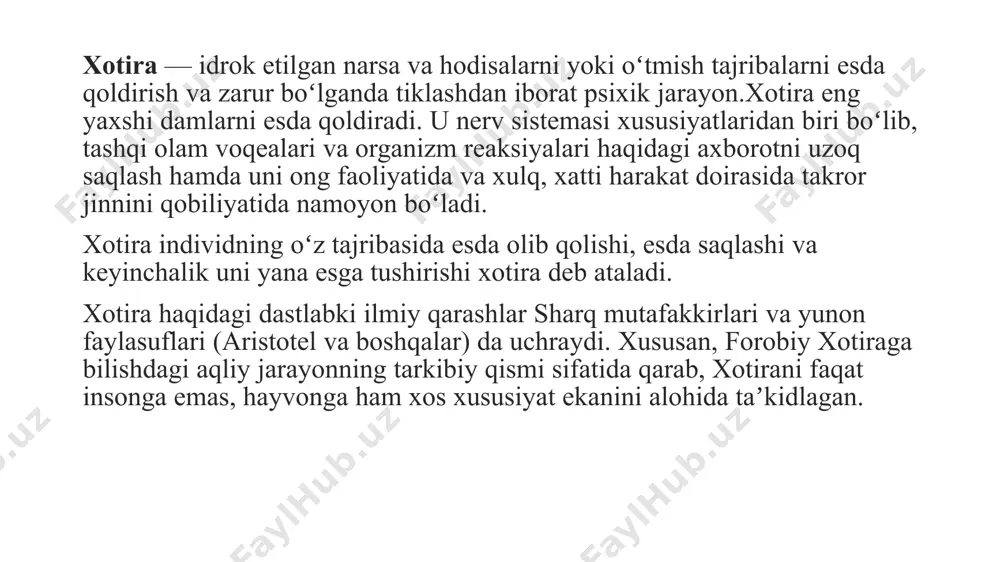 lari aterosklerozi, shikastlanish, miyaga qon quyilishi holatlari, ogʻir zaharlanishlar oqibati (mas, alkogolizmda uchraydigan psixoz) va sh.k. kiradi. xotira buzilganda uni keltirib chiqaruvchi asosiy kasallikni davolashga eʼtiborni qaratish kerak. xotiraning funksional tuzilishi xotiraning ko'plab ta'riflari mavjud bo'lib, ularning asosiy elementi bitta jarayon - rag'batlantirish to'g'risidagi ma'lumotlarni saqlash, uning harakati to'xtatilgan. undan oldin ushbu ma'lumotni bosib chiqarish (o'zlashtirish, yodlash, ro'yxatga olish, iz qoldirish) jarayoni va uni olish (ko'paytirish,foydalanish) jarayoni hamroh bo'ladi. ba'zi mualliflar unutish jarayonini ham ajratadilar (ma'lumotni vaqtinchalik yoki qaytarib bo'lmaydigan yo'qotish). psixologik nuqtai nazardan, xotira inson shaxsiyatining birligi va yaxlitligini ta'minlaydi, uning xatti-harakatlarida to'plangan va saqlangan tajribaga asoslanadi. hozirgi vaqtda fanda xotiraning yagona va to'liq nazariyasi mavjud emas, ammo uchta asosiy yondashuv mavjud - psixologik (o'z navbatida assotsiatsiya, gestaltizm, bixeviorizm, psixoanalitik tushunchalar va boshqa qarashlar bilan ifodalanadi), fiziologik (neyron) va biokimyoviy (molekulyar). ), ularning har biri o'z mexanizmlarini o'z darajasida va o'z farazlari bilan izohlaydi. ko'pgina hollarda, mnestik jarayonlarga bu …