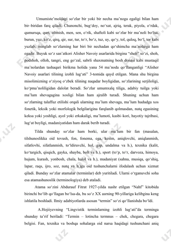 dan kirib ornashayotgan menenjer, menejment, broker, nou–xou, shou, lizing, kliring, sertifikat, litsenziya kabi neologizmlarni kiritish mumkin. umumiste’moldagi so‘zlar bir yoki bir necha ma’noga egaligi bilan ham bir–biridan farq qiladi. chunonchi, bug‘doy, no‘xat, ajriq, terak, piyola, o‘rdak, qumursqa, qurt, oltmish, men, sen, o‘rik, shaftoli kabi so‘zlar bir ma’noli bo‘lsa, burun, yuz, ko‘z, qirq, qir, sur, tur, to‘r, bo‘z, tuz, uy, qo‘y, tol, quloq, bo‘l, tor kabi yuzlab, minglab so‘zlarning har biri bir nechadan qo‘shimcha ma’nolarga ham egadir. buyuk so‘z san’atkori alisher navoiy asarlarida birgina “shoh” so‘zi, shoh, podshoh, olloh, tangri, eng go‘zal, sabrli shaxmatning bosh donasi kabi mustaqil ma’nolardan tashaqari birikma holida yana 54 ma’noda qo‘llanganligi “alisher navoiy asarlari tilining izohli lug‘ati” 3-tomida qayd etilgan. mana shu birgina misolimizning o‘ziyoq o‘zbek tilining naqadar boyligidan, so‘zlarining serjiloligi, ko‘pma’noliligidan dalolat beradi. so‘zlar umumxalq tiliga, adabiy tuilga yoki ma’lum shevagagina xosligi bilan ham ajralib turadi. shuning uchun ham so‘zlarning talaffuz etilishi orqali ularning ma’lum …