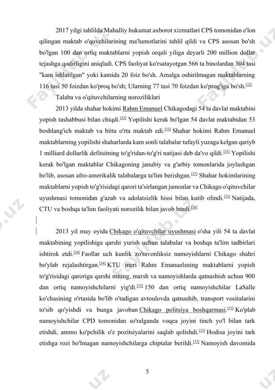 fro-amerikalik talabalarga ta'lim berishgan.[33] shahar hokimlarining maktablarni yopish to'g'risidagi qarori ta'sirlangan jamoalar va chikago o'qituvchilar uyushmasi tomonidan g'azab va adolatsizlik hissi bilan kutib olindi.[33] natijada, ctu va boshqa ta'lim faoliyati norozilik bilan javob berdi.[34] 2013 yil may oyida chikago o'qituvchilar uyushmasi o'sha yili 54 ta davlat maktabining yopilishiga qarshi yurish uchun talabalar va boshqa ta'lim tadbirlari ishtirok etdi.[34] faollar uch kunlik zo'ravonliksiz namoyishlarni chikago shahri bo'ylab rejalashtirgan.[34] ktu meri rahm emanuelsning maktablarni yopish to'g'risidagi qaroriga qarshi miting, marsh va namoyishlarda qatnashish uchun 900 dan ortiq namoyishchilarni yig'di.[33] 150 dan ortiq namoyishchilar lasalle ko'chasining o'rtasida bo'lib o'tadigan avtoulovda qatnashib, transport vositalarini to'sib qo'yishdi va bunga javoban chikago politsiya boshqarmasi.[33] ko'plab namoyishchilar cpd tomonidan so'ralganda voqea joyini tinch yo'l bilan tark etishdi, ammo ko'pchilik o'z pozitsiyalarini saqlab qolishdi.[33] hodisa joyini tark etishga rozi bo'lmagan namoyishchilarga chiptalar berildi.[33] namoyish davomida 50 dan ortiq odam hibsga olingan, ammo hech qanday zo'ravonlik haqida xabar berilmagan.[35] …