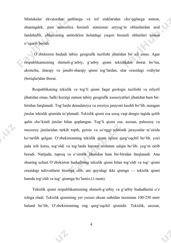 atidan farqlanuvchi yirik tabiiy hududiy kompleks — okruglarga bo‘linadi. o‘zbekiston hududini tabiiy geografik okruglarga ajratishning ular orasidagi tafovutlarni ilmiy jihatdan bilib olishdan tashqari, amaliy ahamiyati ham bor. chunki tabiiy boyliklardan oqilona foydalanib, ularni muhofaza qilish, xalq xo‘jaligi tarmoqlarini ixtisoslashtirish, eng avvalo, har bir okrug tabiati ichidagi tafovutlarni puxta bilishni taqozo etadi. o‘zbekistonning tekislik qismi 5 ta tabiiy geografik okrugga bo‘linadi: 1) ustyurt, 2) quyi amudaryo, 3) qizilqum, 4) quyi zarafshon, 5) orol. o‘zbekistonning tog‘oldi va tog‘li qismi esa 6 ta tabiiy geografik okrugga bo‘linadi: 1) surxondaryo, 2) qashqadaryo, 3) o‘rta zarafshon, 4) mirzacho‘l, 5) chirchiq-ohangaron, 6) farg‘ona. mazkur tabiiy geografik okruglar yuqorida qayd qilinganidek ayni vaqtda tabiiy hududiy komplekslardan iborat bo‘lib, ular kompleks tabiiy sharoiti (yer yuzasining tuzilishi, iqlimi, suvlari, tuproq-o‘simlik qoplami va boshq.)ga ko‘ra bir-biridan keskin farq qiladi. masalan, chirchiq-ohangaron tabiiy geografik okrugi o‘zbekistonning shimoli sharqida, sirdaryo bilan g‘arbiy tyanshan tog‘lari orasida joylashgan. yer yuzasi sirdaryo sohillaridan shimoli sharq …