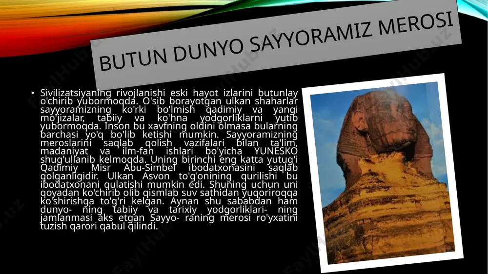 rniga ega. insoniyat yo'li g'orlardagi yozuvlardan, qadimiy misr eh- romlari va yunon akropollarigacha, buyuk xitoy devorlarini, qadimiy samarqandning barpo etgan insoniyat kashfiyotlari osmono'par minoralariga qarab yo'- nalgan. nyu-yorkdagi ozodlik haykali, sidney teatri, buyuk me'mor oskar nimeyerning chizmalari asosida barpo etilgan yangi brazi- liya poytaxti ham shu ro'yxatga kiradi. milliy bog'lar va qo'riqxonalar afrika milliy bog'lari dunyoning eng mashhur va dovrug'i ba- and bog'laridir. bu kontinentda yuzlab jonzotlar o'zlarini erkin is qilishi mumkin bo'lgan yuzlab qo'riqxonalar hududlari joy gallagan. ularning ichida eng mashhur serengeti bog'i tanza- iyada joylashgan. bu yerda antilopa-gnularning katta to'dalari p'plangan. o't bilan oziqlanuvchi jonzotlarga esa ularning te- laridagi hasharotlar bilan oziqlanuvchi qushlar galasi doimiy amrohdir. akatsiyalar o'sib yotgan savannalarda esa fillar, tuya- ushlar hayot kechiradi. serengeti yerlari bilan esa qadimiy vul- on otilishidan hosil boʻlgan ngoro-ngoro ko'l va savannasiga egishli hudud tutashib ketadi. kanadaning vud-buffalo parki ham dunyoning eng yirik og'lari qatoridan joy egallaydi. bu yerga o't …