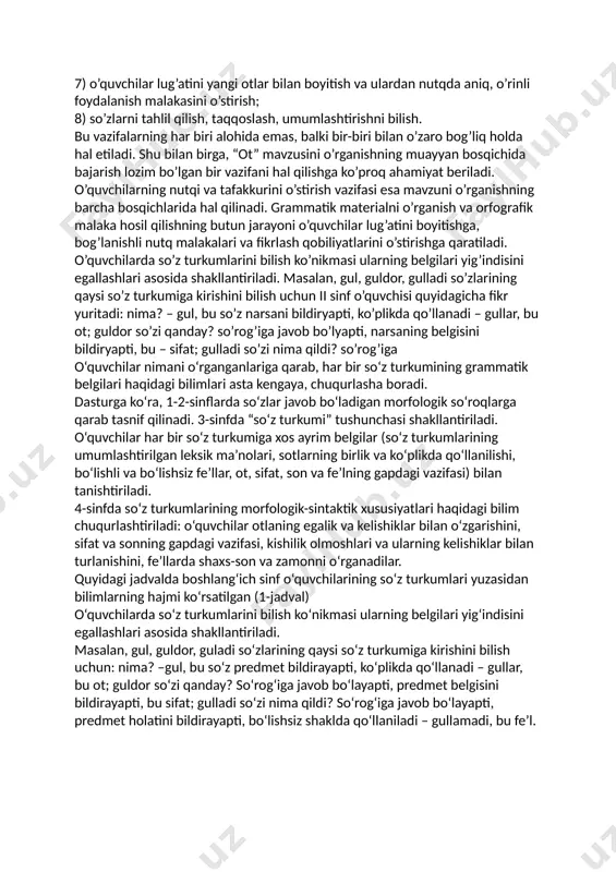 anganlariga qarab, har bir so‘z turkumining grammatik belgilari haqidagi bilimlari asta kengaya, chuqurlasha boradi. dasturga ko‘ra, 1-2-sinflarda so‘zlar javob bo‘ladigan morfologik so‘roqlarga qarab tasnif qilinadi. 3-sinfda “so‘z turkumi” tushunchasi shakllantiriladi. o‘quvchilar har bir so‘z turkumiga xos ayrim belgilar (so‘z turkumlarining umumlashtirilgan leksik ma’nolari, sotlarning birlik va ko‘plikda qo‘llanilishi, bo‘lishli va bo‘lishsiz fe’llar, ot, sifat, son va fe’lning gapdagi vazifasi) bilan tanishtiriladi. 4-sinfda so‘z turkumlarining morfologik-sintaktik xususiyatlari haqidagi bilim chuqurlashtiriladi: o‘quvchilar otlaning egalik va kelishiklar bilan o‘zgarishini, sifat va sonning gapdagi vazifasi, kishilik olmoshlari va ularning kelishiklar bilan turlanishini, fe’llarda shaxs-son va zamonni o‘rganadilar. quyidagi jadvalda boshlang‘ich sinf o‘quvchilarining so‘z turkumlari yuzasidan bilimlarning hajmi ko‘rsatilgan (1-jadval) o‘quvchilarda so‘z turkumlarini bilish ko‘nikmasi ularning belgilari yig‘indisini egallashlari asosida shakllantiriladi. masalan, gul, guldor, guladi so‘zlarining qaysi so‘z turkumiga kirishini bilish uchun: nima? –gul, bu so‘z predmet bildirayapti, ko‘plikda qo‘llanadi – gullar, bu ot; guldor so‘zi qanday? so‘rog‘iga javob bo‘layapti, predmet belgisini bildirayapti, bu sifat; …