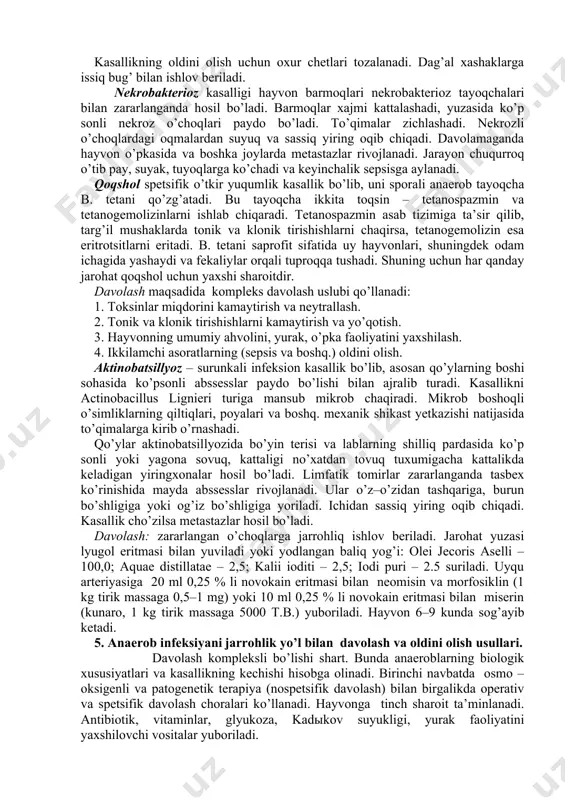 eksiya rivojlanishi uchun o’lgan to’qima, aynigan qon laxtalari, qon aylanishining buzilishi va kislorod yetishmasligi kabi holatlar kerak. chirituvchi infeksiyaning fermentlari tasirida o’lgan to’qimalar yemiriladi va natijada patologik o’chokda zaharli ptomain va toksalbuminlar, gaz hamda ixor to’planadi. chirish moddalari yallig’lanish reaksiyasini keskin susaytiradi, natijada atrofdagi to’qimalarda xujayralarning hayoti to’liq bosiladi. chirish moddalari qonga so’rilib organizmning og’ir intoksikatsiyasini chaqiradi. nerv sistemasi va ichki a’zolar faoliyati keskin yomonlashadi. 4. spetsifik jarrohlik infeksiya. aktinomikoz – zamburug’lar chaqiradigan surunkali yallig’lanish jarayon bo’lib, chegaralangan yiringxonalar atrofida biriktiruvchi to’qimaning proliferatsiyasi bilan harakterlanadi. yiring tarkibida zamburug’ druzalari topiladi. chaqiruvchisi actinomyces zamburug’lari. ular ko’pincha og’iz bo’shlig’ining shillik pardasi orqali yumshoq to’qimalarga o’tib o’rnashadi. kasallik avvalida to’qimalarda mayda tugunchalar hosil bo’lib, ular keyinchalik birlashadi va katta, zich yaralar yoki yiringxonalarga aylanadi. yara yuzasi fungozli granulyatsiya bilan qoplanadi. ikkilamchi jarayon sifatida jag’osti va xalqumorti limfatik tugunlar zararlanadi (34 %). aktinomikozda odatda jag’ suyaklarining osteomiyeliti rivojlanadi. qoramol va cho’chkalarda o’pka aktinomikozi ham …