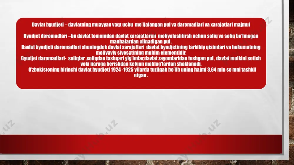 t byudjetining soliqsiz daromadlariga yuridik va jismoniy shaxslardan , shuningdek chet davlatlaridan kelgan qaytarilmaydigan pul tushumlari , chet davlatlarga berilgan ssudalarini qaytarish hisobidan tushgan to’lovlar. soliqsiz daromadlar ham majmuriy va ham ixtiyoriy shaklarda bo’lishi mumkin soliqsiz daromadlar ro’yhati quyidagilarni o’z ichiga oladi 1.davlat yoki mahaliy hokimyat egaligidagi mulnki foydalanishga berishdan olinadigan daromadlar 2. davlatga tegishli aksiyalar bo’yicha dividendlar 3. davlat yoki mahaliy hokimyat egaligida bolgan mulkni ijaraga berishdan shu jumladan qishloq xo’jaligi yerlari uchun ijara to’lovlaridan olingan daromadlar. o‘zbekiston respublikasi iqtisodiyot va moliya vazirligi 2024-yilning 9 oylik davlat byudjeti ijrosi bo‘yicha hisobotni e’lon qildi. unda daromad va xarajatlar tahlili, asosiy yo‘nalishlardagi o‘sishlar hamda iqtisodiy faoliyatni rivojlantirish uchun yo‘naltirilgan mablag‘lar haqida malumot 2024-yilda davlat budjeti daromadlari 193,6 trillion so‘mni tashkil etdi, bu esa o‘tgan yilning mos davriga nisbatan 19%ga oshgan. daromadlarning asosiy yo‘nalishlari: - bevosita soliqlar: 64,1 trillion so‘m (aylanmadan soliq, foyda solig‘i, va jismoniy shaxslardan olinadigan daromad solig‘i). - bilvosita …