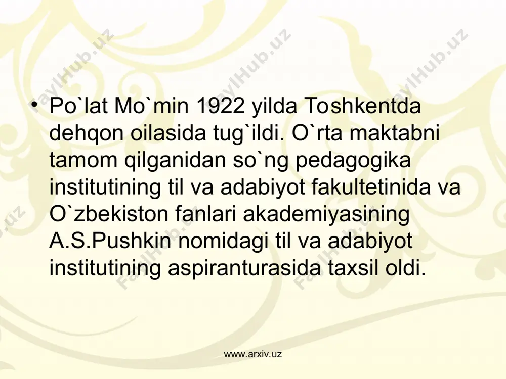 , “eh rosa shirin ekan” dostonida mehnatni qadrlashga chaqiradi. bu bilan yoshlarni ham ma`naviy, ham sog`lom bo`lishiga undaydi. www.arxiv.uz www.arxiv.uz po`lat mo`min bolalarga qanday ertaklar ma`qul bo`lishini yaxshi biladi. u o`ziga to`qigan ertaklarda bolalarga yangilik beradigan, ular fikrini boyitadigan, tarbiyasiga ijobiy ta`sir etadigan masalalarni qalamga oladi. po`lat mo`minning bolalar uchun yozgan she`rlari, ertaklari yosh avlodni vatanga, hayotga, mehnatga muhabbat, do`stga sadoqat ruhida tarbiyalashga xizmat qiladi. www.arxiv.uz www.arxiv.uz shoirning o`zi aytganidek: “bolalar adabiyoti bir daraxt bo`lsa, uning rang-barang janrlari turfa shoxlaridir. bir shoxida hikoya, bir shoxida she`r, boshqasida ertak, yana ba`zilarida p`esalar, doston, qo`shiq romanlar…” binobarin, po`lar mo`min ijodi ham xuddi shunday. u adabiyot janrlarininng rang-barang turlaridan unumli foydalangan birgina “oltmish olti oltin qo`l” turkumining o`zida she`riy vaznning o`n ikki xil formasini ishga sola oldi. muhimi, faqat mavzu va janrlar rang-barangligidagina emas, balki ana shu adabiyot forma va usul, uslublarini yagona maqsadga bolalarning g`oyaviy estetik takomiliga xizmat ettira bilashda edi. www.arxiv.uz …