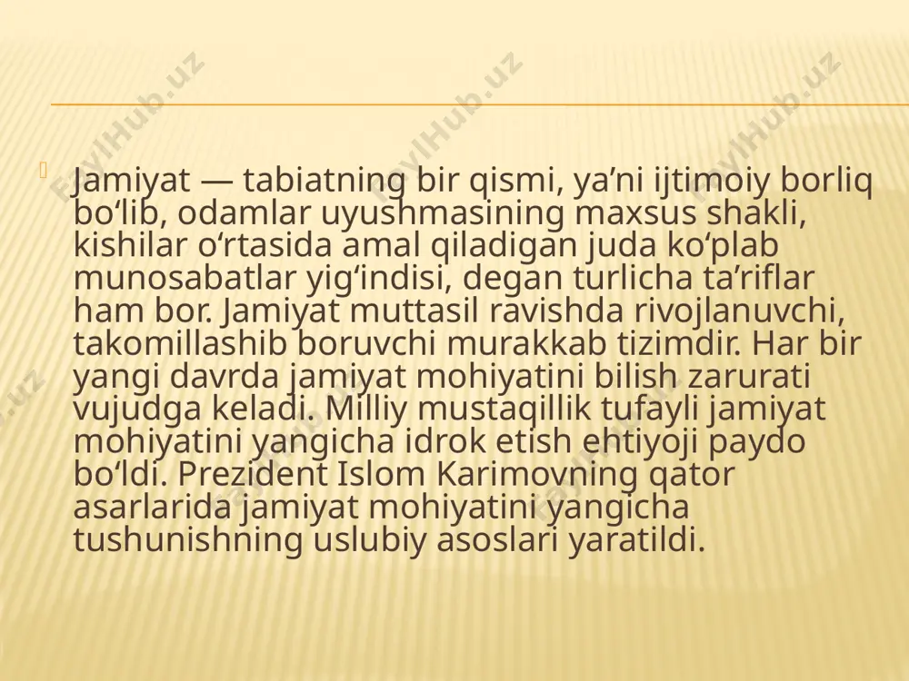 rligini ta’minlashning monarxiyaga asoslangan, aristokratik, totalitar va demokratik usullari tajribadan o‘tgan beqarorlik ichki va tashqi jarayon va tahdidlar natijasida vujudga keladi. beqarorlik bir ijtimoiy-siyosiy tuzumdan boshqa bir ijtimoiy-siyosiy tuzumga o‘tish davrida keskinlashishi mumkin. jamiyat barqarorligining izdan chiqishi kishilar psixologiyasidagi salbiy o‘zgarishlarda, qonunlarning ishlamasligida, ijtimoiy burchning ado etilmasligida, ijtimoiy ideallarning yo‘qolishida, g‘oya va mafkuraga loqaydlikning kuchayishida, turli jinoiy guruhlarning paydo bo‘lishida, ijtimoiy adolat mezonlarining buzilishida, davlat idoralarining aholini boshqarish qobiliyati kuchsizlanishida, turli ziddiyatlarning keskinlashuvida o‘z ifodasini topadi. o‘zbek modelning asosiy tamoyillari quydagilardir: - iqtisodning siyosatdan ustuvorligi; - davlatning bosh islohotchi ekanligi; - qonun ustuvorligi; - kuchli ijtimoiy himoyalash; - bozor munosabatlariga bosqichma-bosqich, tadrijiy yo‘l bilan o‘tish. o‘zbek modelining o‘ziga xos xususiyatlari davlatchilik asoslarining, milliy qadriyatlarning qayta tiklanishi, o‘zlikni anglash, umuminsoniy qadriyatlarning ustuvorligi, milliy mentalitetimizga xos xususiyatlarining tiklanishi va rivojlanishi, demokratik qadriyatlarning rivojlantirilishi va inson huquqlarining kafolatlanishi va boshqalarda o‘z ifodasini topmoqda. etiboringiz uchun rahmat /docprops/thumbnail.jpeg