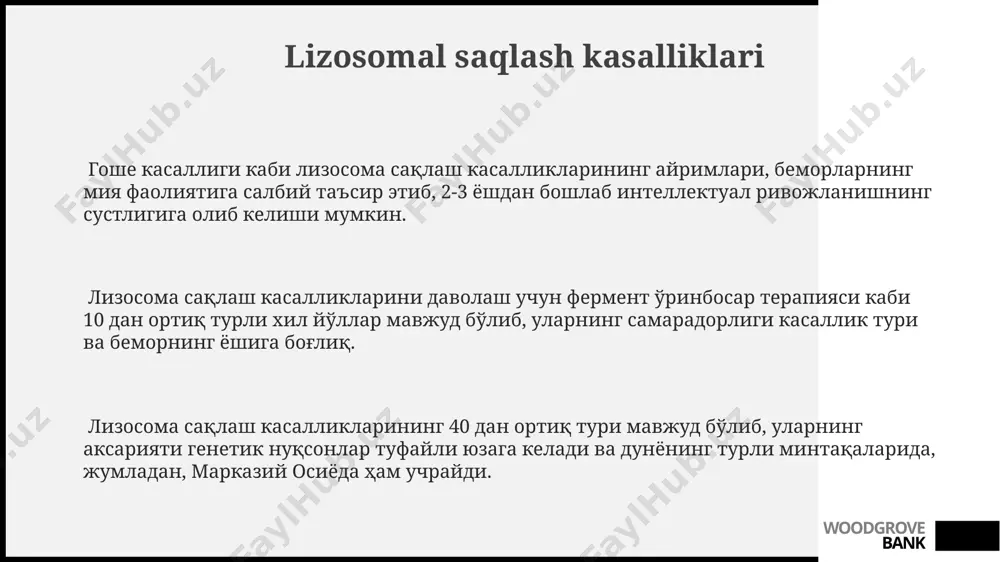 a, jiddiy nevrologik oqibatlarga olib keladi. woodgrove bank mukopolisaharidozlar mukopolisaharidozlarning 7 turi mavjud bo'lib, ularning har biri turli xil fermentlarning etishmasligi bilan bog'liq va turli xil alomatlarni keltirib chiqaradi, masalan, skelet deformatsiyalari va aqliy zaiflik, dunyo bo'ylab 100,000 tug'ilishda 1-2 ta holat kuzatiladi. glikosaminoglikanlarning to'planishi, mukopolisaharidozlarning asosiy sababi hisoblanib, buyrak, yurak va boshqa organlarning funktsiyalariga jiddiy zarar yetkazadi, aqshda ushbu kasalliklarni davolash uchun keng ko'lamli tadqiqotlar olib borilmoqda. frantsiya va buyuk britaniyada o'tkazilgan tadqiqotlar shuni ko'rsatdiki, erta diagnostika va ferment almashinuvi terapiyasi mukopolisaharidozlarning og'ir asoratlarini kamaytirishga yordam beradi, ammo davolashning samaradorligi kasallikning turiga va bosqichiga bog'liq. woodgrove bank galaktozemiya kasallikning asosiy belgilariga qusish, jigar kattalashishi, sariqlik kiradi va davolanmasa, miya rivojlanishining sustlashishi (oligofreniya)ga, hatto o'limga olib kelishi mumkin, ayniqsa, aqsh va yevropa mamlakatlarida tez-tez uchraydi. galaktozemiyaning diagnostikasi yangi tug'ilgan chaqaloqlarni skrining tekshiruvi orqali amalga oshiriladi, bu erda qondagi galaktoza va galaktoza-1-fosfat miqdori aniqlanadi, va erkak va ayol bolalarda teng darajada …