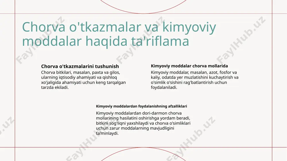 un odatda foydalaniladi. organik kimyovi qo'shimchalar organik qo'shimchalar, masalan, baliq emulsiyasi va sirtli un, chorva o'simliklarida yer maydonini yaxshilaydi va sog'lom o'sishini ta'minlaydi. o'sishni tartiblaydigan moddalar o'sish regullyatorlari, masalan, gibberellinlar va tsitokininlar, chorva o'simliklarining o'sish va rivojlanishini boshqarish uchun ishlatilishi mumkin, yaxshi hasilat va sifatni oshirish. kimyoviy moddalardan foydalanish usullari chorva bitkisi ekishida 1 2 3 yuzaga qo'yish band joylashuvi yapraklar orqali oziq-ovqat olish kimyo gübralarini yer yuziga tenglashtirish, so'ng suv bilan suvlab olish va moddalarni hal qilish. band joylashtirish usuli, kimyo moddalarni chorva o'simliklarining ildiz zonasiga yaqin joylarda yoki qatorlarda joylashtirishni o'z ichiga oladi, uning ma'lumotlarga to'g'ri kirishini ta'minlash u chorva o'simlikning barglariga kimyo g'ubrelerini to'g'ri qo'yish, moddalarning tez olishi va harakat qilishga duch keladigan moddalarning to'ldirilishi imkoniyatini beradi. chorva bitkisi ekishida kimyoviy moddalardan foydalanishning atrof-muhitga ta'siri yer va suv manbalari zaminning ifloslanishi kimyoviy moddalardan dori-darmon va ozuqa qo'shimchalari chorva ekishida qullanilganda yer va suv manbalari ifloslanishiga olib kelishi …