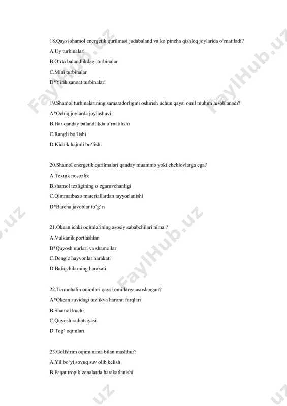 nishiga yordam beradi c.iqlim o‘zgarishini to‘xtatadi d.erkin energiya olish imkoniyatini beradi 36.an’anaviy energiya manbalari qanday energiya manbalariga kiradi? a.yangilanadigan energiya b.yangilanmaydigan energiya c.kimyoviy energiya d.quyosh energiyasi 37.quyidagi qaysi biri an’anaviy energiyasi manbasi hisoblanadi? a.shamol energiyasi b.quyosh energiyasi c*ko‘mir d.biomassa 38.neft qanday turdagi energiya manbasidir? a*yangilanmaydi b. yangilanadi c.tabbiy d.quyosh 39.ko‘mir energiyasi qaysi texnologiya orqali elektr energiyaga aylanadi? a.quyosh panellari orqali b.shamol turbinalari orqali c*bug‘ turbinasi va generator orqali d.okean to‘lqinlaridan 40. an’anaviy energiya manbalarining asosiy kamchiligi nima? a.cheksz zahiraga ega bo‘lishi b*havoni ifloslantirishi c.oson foydalanish d.tez yangilanadi 41.neftning asosiy energetik mahsuloti nima? a*dizel yoqilg‘isi b.elektr c.suv d.yadro yoqilg‘isi 42.ko‘mir qazib olish va undan foydalanish qanday ekologik muammolarni keltirib chiqaradi? a.ko‘mir istemoli havoni tozalaydi b.tuproqni tozalaydi c*havoni ifloslantiradi va tuproqni buzadi d.suvni tozalaydi 43.tabbiy gazning asosiy tarkibi nima? a.oksigen b.azot c*metan d.vodorod 44.an’anaviy energiya manbalari qaysi davrda ko‘p ishlatila boshlangan? a.qadimgi davrlarda b*sanoat inqilobi davrida c.yadro davrida d.shamol energetikasi rivojlangan davrda …