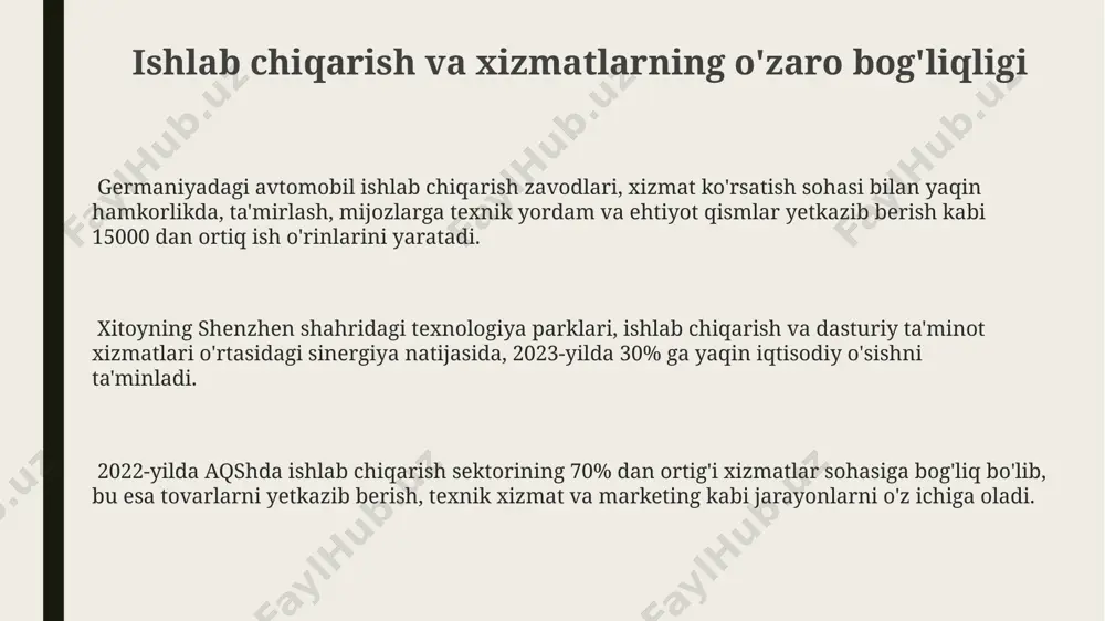 b, global raqobatbardoshlikni oshiradi. ishlab chiqarish va xizmatlarning ta'rifi xizmatlar, mijozlarga 500 dan ortiq turdagi yordam ko'rsatishni, masalan, toshkent shahridagi bank xizmatlarini yoki onlayn texnik yordamni o'z ichiga oladi, bu esa yuqori darajadagi foyda keltiradi. ishlab chiqarish va xizmatlar bir-biriga bog'liq bo'lib, 10% dan ortiq ishlab chiqarish korxonalari o'z mahsulotlarini sotish va ta'mirlash uchun xizmatlarni taklif qiladi, bu esa global miqyosda raqobatbardoshlikni oshiradi. ishlab chiqarish, xom ashyoni qayta ishlash orqali 20 dan ortiq turdagi mahsulotlarni, masalan, avtomobil qismlarini samarqand shahrida ishlab chiqarish jarayonini o'z ichiga oladi. ishlab chiqarish va xizmatlarning globalizatsiyasi germaniyadagi avtomobil ishlab chiqarish sanoatining global zanjirlarga integratsiyasi, 2023 yilda 4 millionga yaqin avtomobil eksport qilinishi bilan tasdiqlanib, yevropa va osiyo mamlakatlari o'rtasidagi murakkab logistika va etkazib berish jarayonlarini namoyish etadi. hindistonning it-xizmatlari eksportining 2022 yilda 194 milliard aqsh dollariga yetishi, mamlakatning global xizmatlar bozoridagi o'sishini va raqobatbardoshligini, shuningdek, butun dunyo bo'ylab kompaniyalar uchun outsourcing imkoniyatlarini aks ettiradi. jahon …