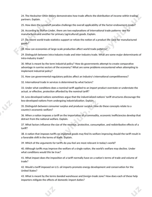 on and trade are discussed in terms of production gains and consumption gains. what do these terms mean? 20. what is meant by the term trade triangle? 21. what are the effects of transportation costs on international trade patterns? 22. explain how the international movement of products and of factor inputs promotes an equalization of the factor prices among nations. 23. how does the heckscher-ohlin theory differ from ricardian theory in explaining international trade patterns? 24. the heckscher-ohlin theory demonstrates how trade affects the distribution of income within trading partners. explain. 25. how does the leontieff paradox challenge the overall applicability of the factor-endowment model? 26. according to staffan linder, there are two explanations of international trade patterns- one for manufactures and another for primary (agricultural) goods. explain. 27. do recent world-trade statistics support or refute the notion of a product life cycle for manufactured goods? 28. how can economies …