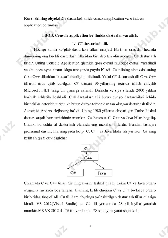 yalari uning a'zolari - maydonlar (maydonlar sinf o'zgaruvchilari deb ataladi), xususiyatlar, usullar, hodisalar bilan ifodalanadi. consol sinfi ham sinflardan biri hisoblanadi va quyidagicha ishlanadi. consol rejimida ishlash uchun .net da console sinfi ishlatiladi. bu sinfning afzalligi 2 ta qismdan iborat bo’lib: uning barcha metodlari o’zgarmas, sanoqli bo’lib, uni ishlatish uchun nusxalash shart emas. u kiritish, chiqarish va xatoliklarni chiqarishni o’z ichiga oladi. odatda kiritish, chiqarish standart consol-da amalga oshiriladi (agar u bo’lmasa, masalan oynali masalalarda chiqarish amalga oshirilmaydi), lekin kiritish va chiqarish oqimlarini o’zgartirish mumkin. consol bilan ishlashda asosan 4 metod ishlatiladi: read, readline, write, writeline, birinchi ikkitasi kiritish, qolgani chiqarish metodlari hisoblanadi. read metodi. read metodi kiritish qurilmalaridan belgini qabul qiladi. u int tipida kiritilgan belgi kodini qaytaradi va hech narsa kiritilmagan bo’lsa, -1 ni qaytaradi. masalan: int i = console.read(); console.writeline(i) ; bu dastur kiritilgan belgi kodini ekranga chiqarib beradi. readline metodi. readline metodi kiritish qurilmalaridan matnning satrini …