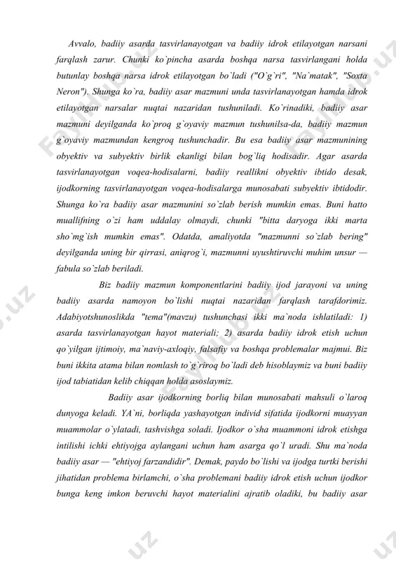 ida ijodkorni muayyan muammolar o`ylatadi, tashvishga soladi. ijodkor o`sha muammoni idrok etishga intilishi ichki ehtiyojga aylangani uchun ham asarga qo`l uradi. shu ma`noda badiiy asar — "ehtiyoj farzandidir". demak, paydo bo`lishi va ijodga turtki berishi jihatidan problema birlamchi, o`sha problemani badiiy idrok etish uchun ijodkor bunga keng imkon beruvchi hayot materialini ajratib oladiki, bu badiiy asar temasi(mavzu)dir. ya`ni, ijodkorni o`ylatgan, tashvishga solgan muammo(lar) asar temasini belgilaydi. asarda tasvirlanayotgan badiiy reallik muallif tomonidan ko`rilgan, ideal asosida g`oyaviy-hissiy baholangan va ijodiy qayta ishlangan voqelikning aksidir. ya`ni, badiiy asarda voqelik quruqqina "aks ettiril"maydi, unga muallifning g`oyaviy-hissiy bahosi ham qo`shiladi(hatto muallif o`ta "obyektiv" bo`lishga intilganida ham, uning nuqtai nazaridan ko`rilgan badiiy voqelikda ijodkor subyekti akslanaveradi). tasvirlanayotgan voqea-hodisalarga muallifning g`oyaviy-hissiy munosabati, obrazlar sistemasi vositasida ifodalangan problematikaning badiiy idrok etilishi va baholanishi tendensiya(lat., "intilmoq", "yo`naltirmoq") deyiladi. demak, tendensiya asar problematikasidan kelib chiqib tanlangan hayot materialini umumlashtirgan("yo`naltirgan") holda badiiy g`oyaga aylantiruvchi vosita ekan. ya`ni, asarda qo`yilgan problemaning …