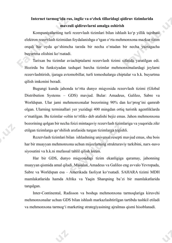 uning nomerlarini, narxlarni mufassal tavsiflovchi so‘rovnomani to‘ldirish va bronlashga tasdiqnoma kelishini (odatda faks orqali) kutish kifoyadir. provayder xizmatlari haqi bir yilda bir necha yuz dollardan bir necha ming dollarga yetishi mumkin. har bir sof (ya’ni amalga oshirilgan va bekor qilinmagan) bronlash uchun qayd etilgan haq (taxminan 10 aqsh dollari) olinadi. vositachi kompaniya funksiyasiga (tegishincha mehmonxona harajatlariga ham) bronlashni amalga oshiruvchi turistik agentlarga vositachilik haqi to‘lash kiradi. vositachilik haqi miqdorini har bir mehmonxona har xil belgilaydi. odatda uning miqdori bronlash summasining 10% ni tashkil qiladi. texnik nuqtai nazardan olib qaraganda, turoperator orqali ishlash oldingi variant bilan aniq mos keladi. birdan-bir farq moliyaviy munosabatlarning tashkil etilishidadir. turoperator uchun gds orqali mehmonxonani bronlashtirgan har bir mijoz amalda yakka turist hisoblanadi. uni mehmonxonaga joylashtirishga mehmonxona turoperatorlar uchun belgilagan narxlar amal qiladi. turoperator skidkasi (komissiyasi)ning miqdori, qoida tariqasida, nomerlar narxiga qarab, 1530% va undan ko‘proq bo‘ladi. o‘z skidkasidan turoperator agentlik komissiyasini to‘laydi, rezervlash tizimlari, telekommunikatsion …